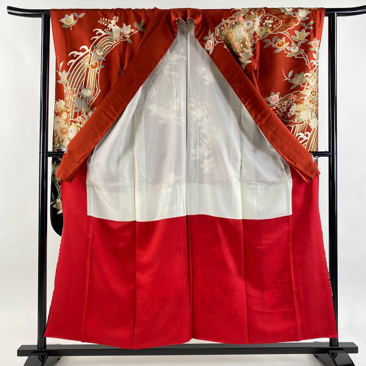  振袖 身丈156 cm 裄丈62 S 袷 花車 波頭 金糸 金彩 赤 正絹 秀品 振袖 着物