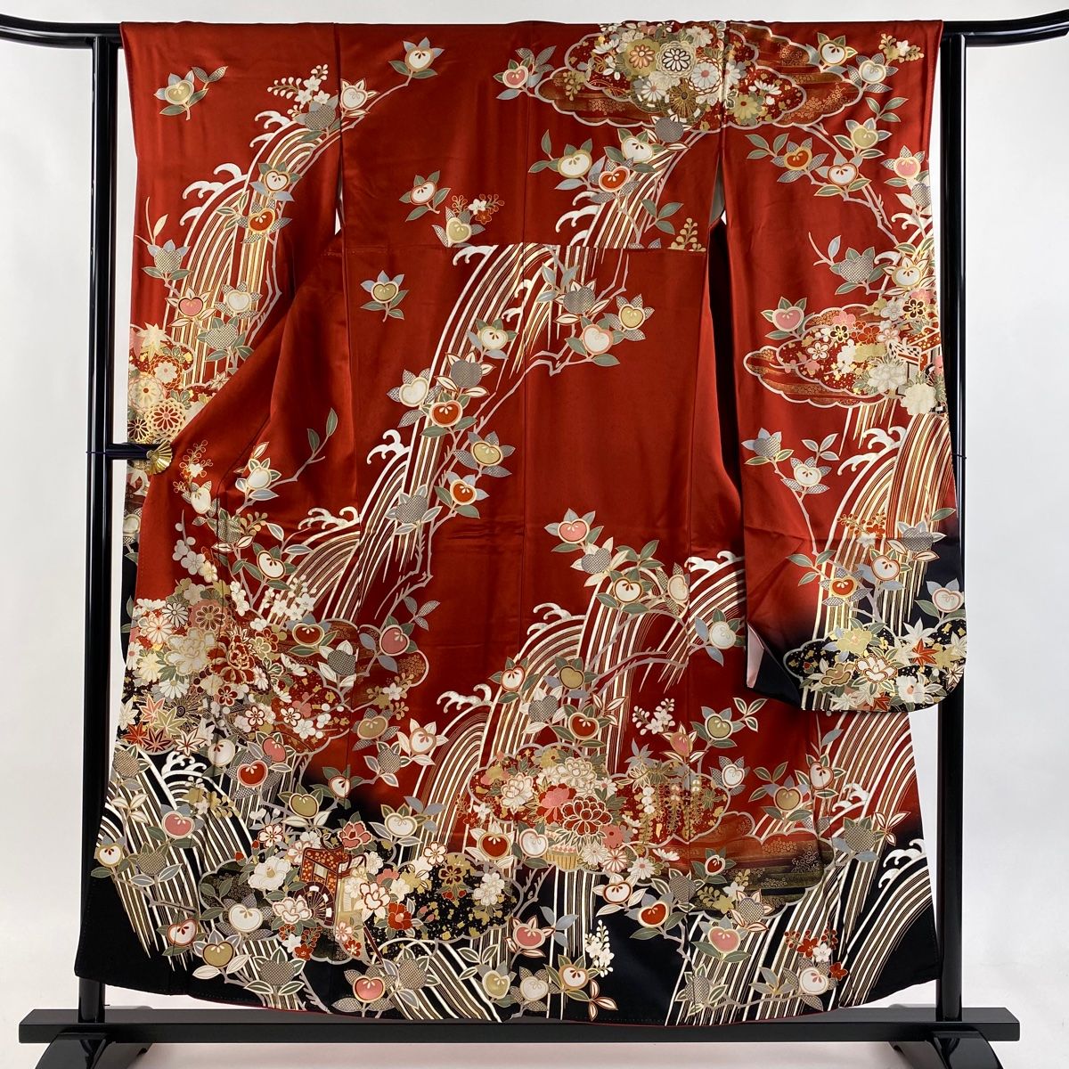 振袖 身丈156 cm 裄丈62 S 袷 花車 波頭 金糸 金彩 赤 正絹 秀品