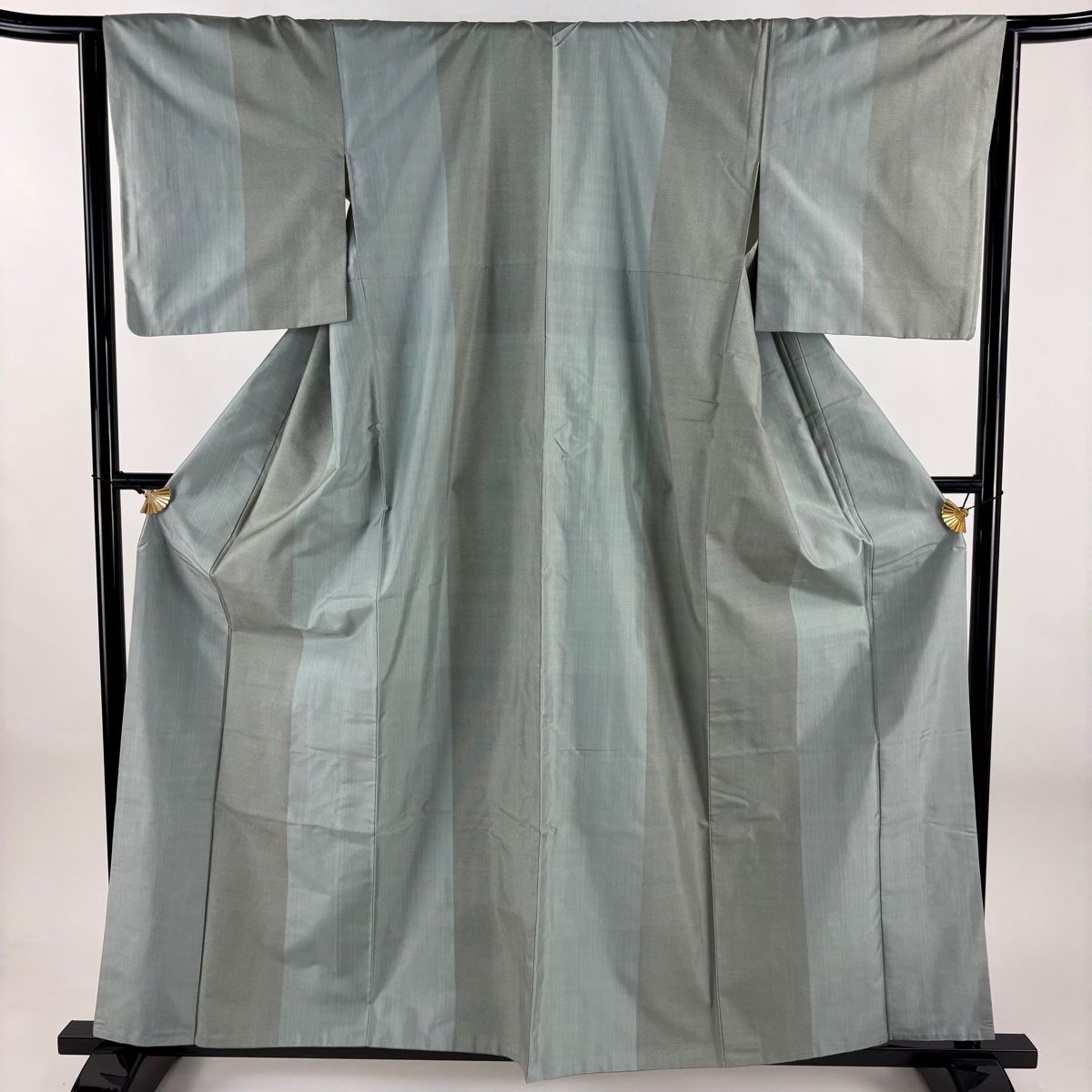 紬 身丈159 5 cm 裄丈64 M 袷 縞 蚊絣 灰緑 正絹 秀品