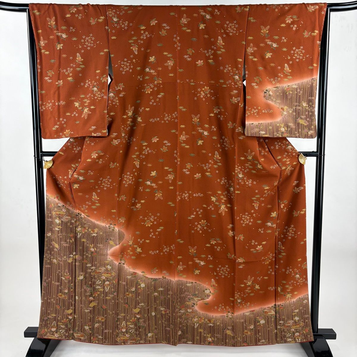 付下げ 身丈163 cm 裄丈65 M 袷 扇面 橘 金彩 ぼかし 赤茶 正絹 秀品