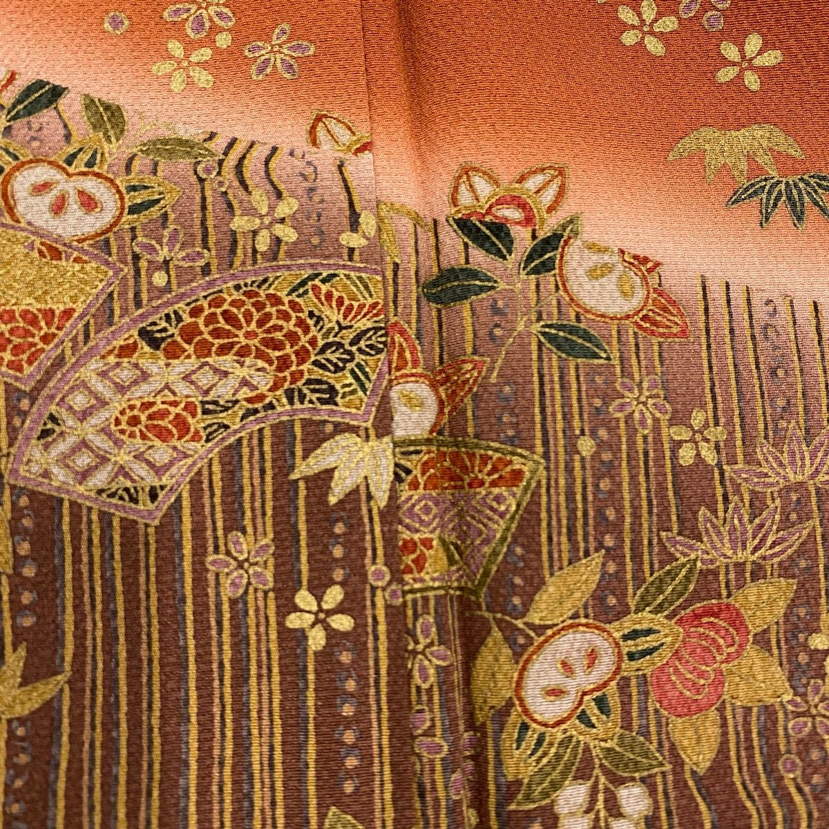  付下げ 身丈163 cm 裄丈65 M 袷 扇面 橘 金彩 ぼかし 赤茶 正絹 秀品 訪問着 付け下げ 着物