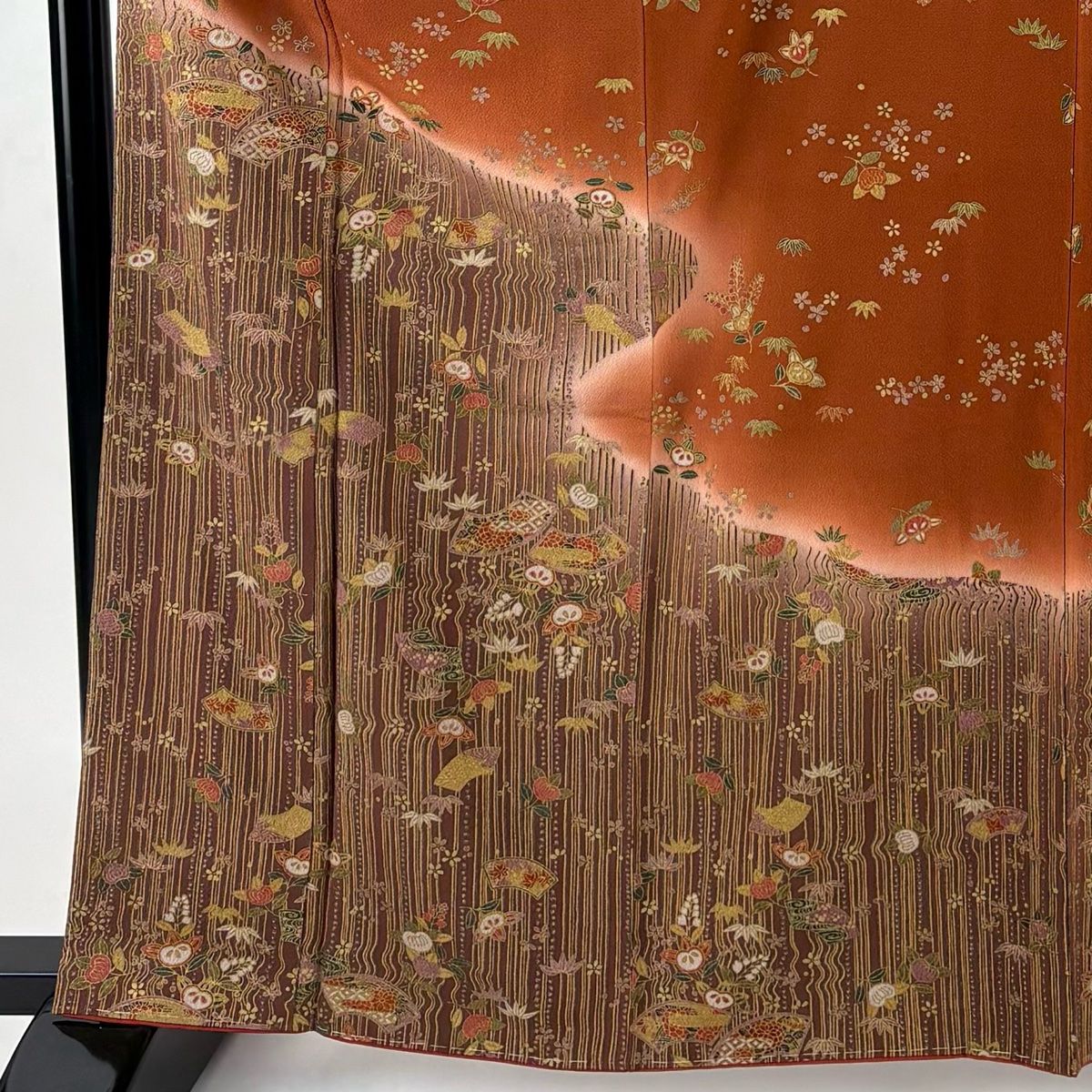 付下げ 身丈163 cm 裄丈65 M 袷 扇面 橘 金彩 ぼかし 赤茶 正絹 秀品