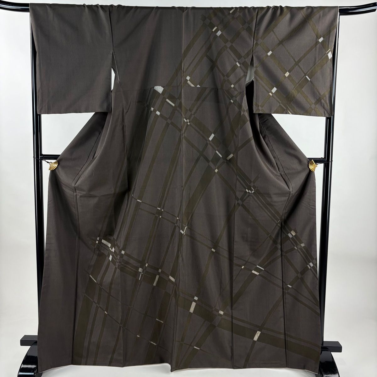 訪問着 身丈168.5 cm 裄丈67.5 L 袷 大島紬地 幾何学模様 茶紫 正絹 秀品