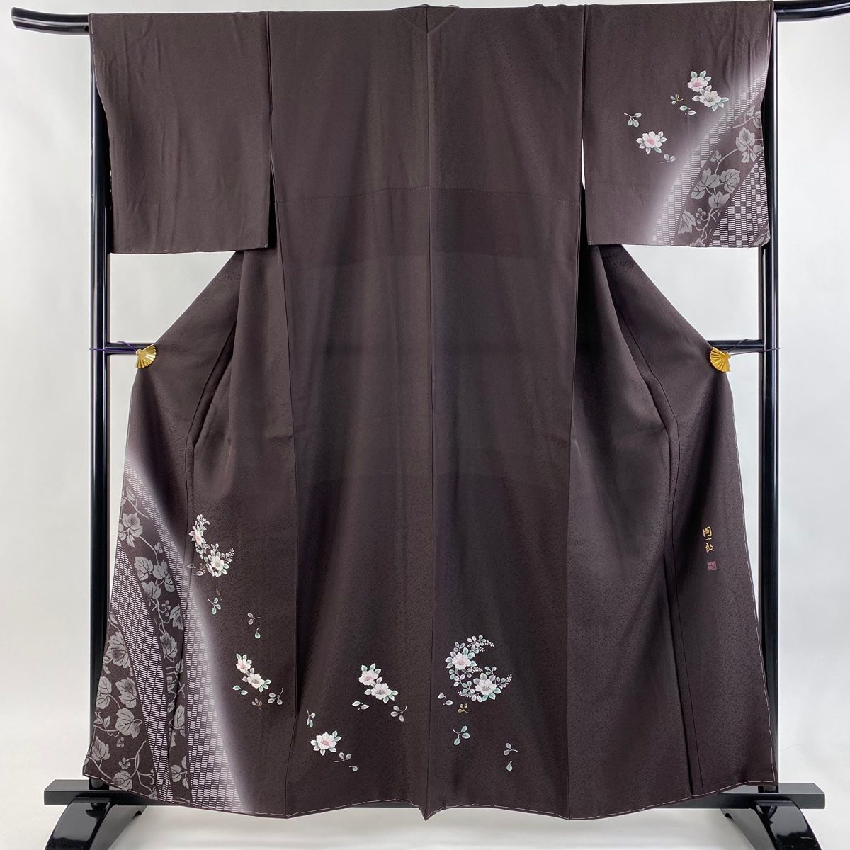 付下げ 身丈159 5 cm 裄丈67 L 袷 落款 草花 萩 螺鈿 ぼかし 茶紫 正絹 秀品