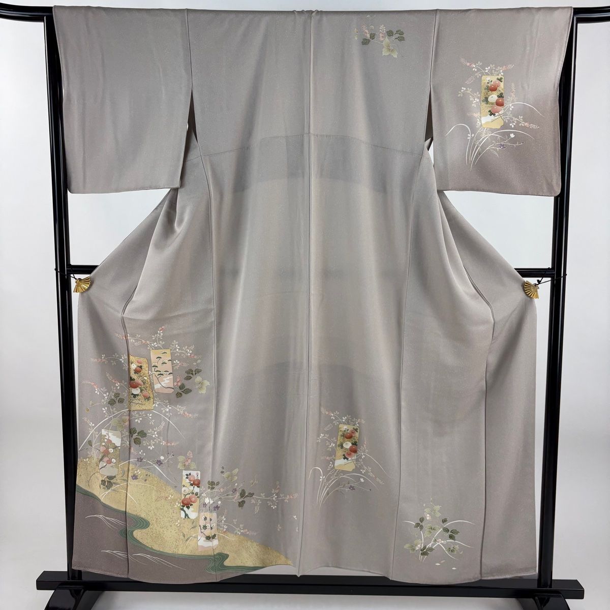 訪問着 身丈154 cm 裄丈64 5 M 袷 短冊 草花 金糸 金彩 薄小豆 正絹 秀品 一つ紋