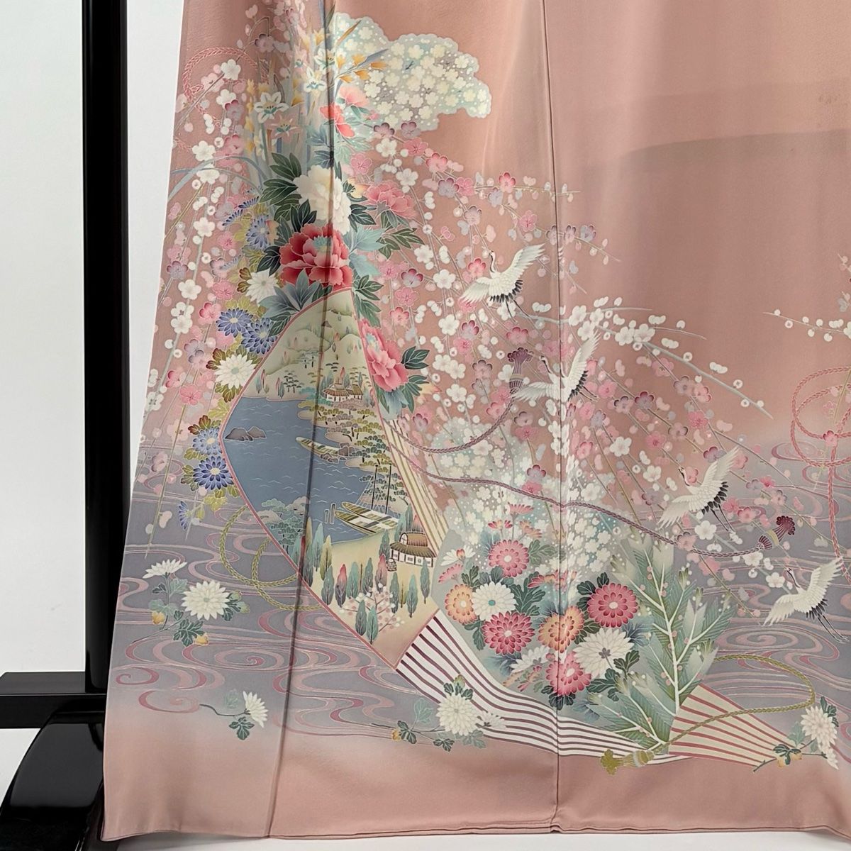 訪問着 身丈168 cm 裄丈67 M 袷 落款 海辺の風景 牡丹 ぼかし ピンク 正絹 秀品