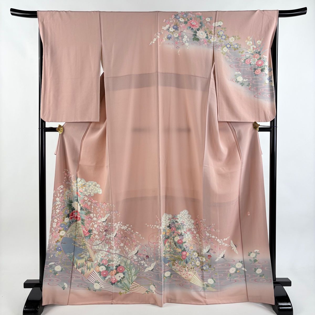 訪問着 身丈168 cm 裄丈67 M 袷 落款 海辺の風景 牡丹 ぼかし ピンク 正絹 秀品