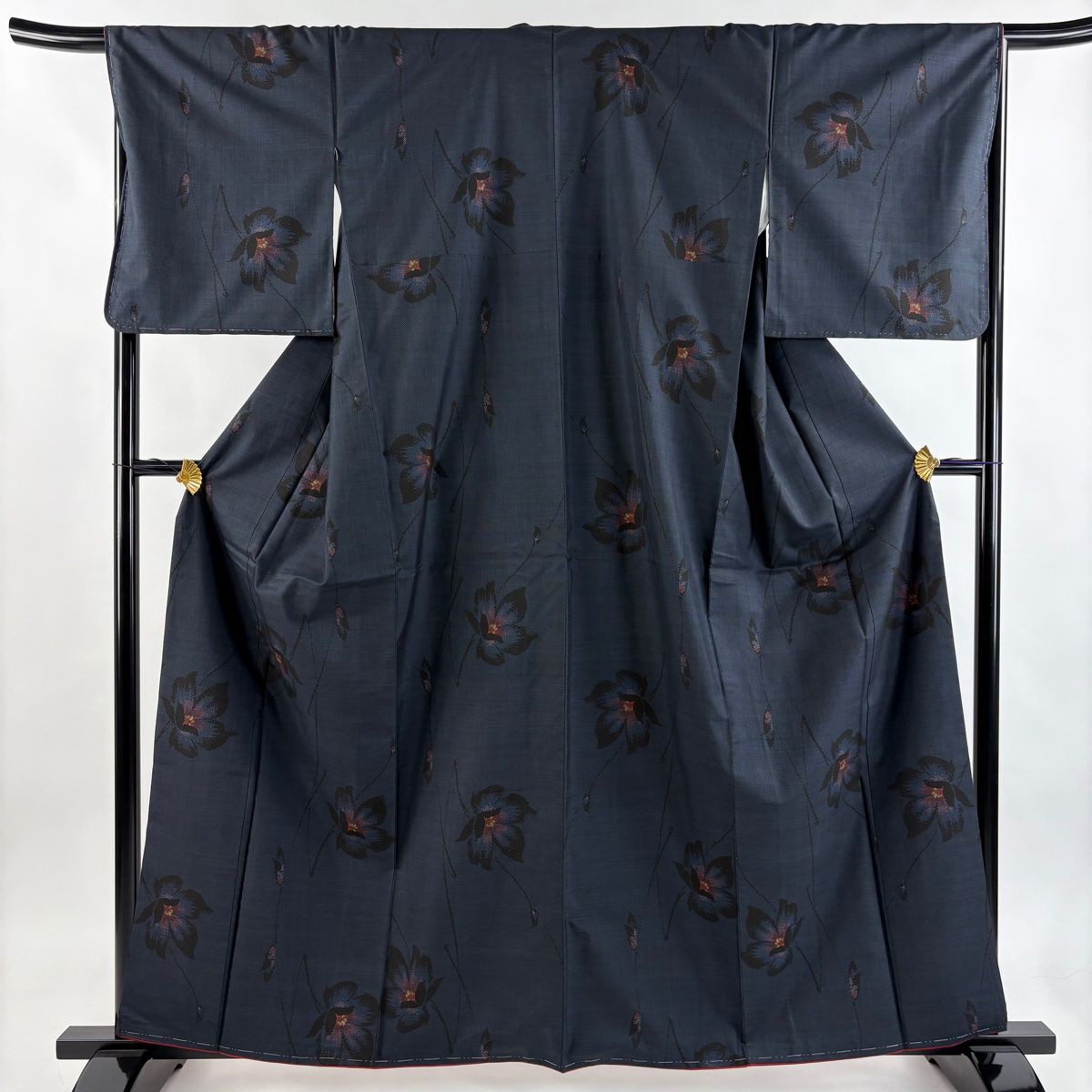 大島紬 身丈161 cm 裄丈68 L 袷 証紙 草花 純泥染 濃紺 正絹 秀品