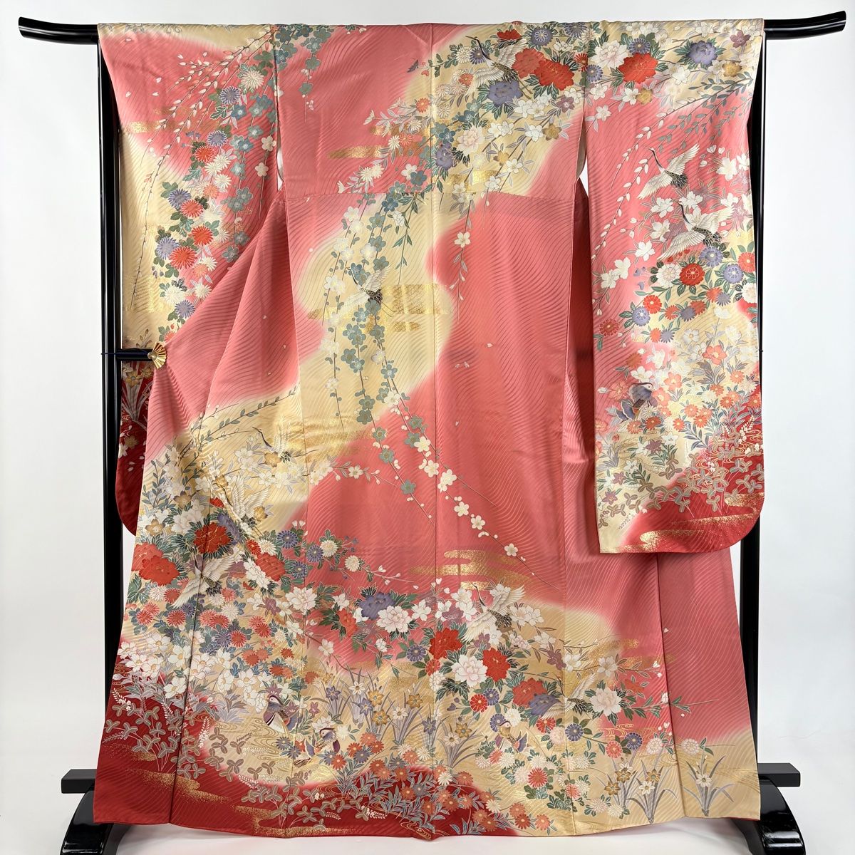 振袖 身丈167 5 cm 裄丈66 M 袷 鶴 草花 金糸 金彩 ピンク 正絹 秀品