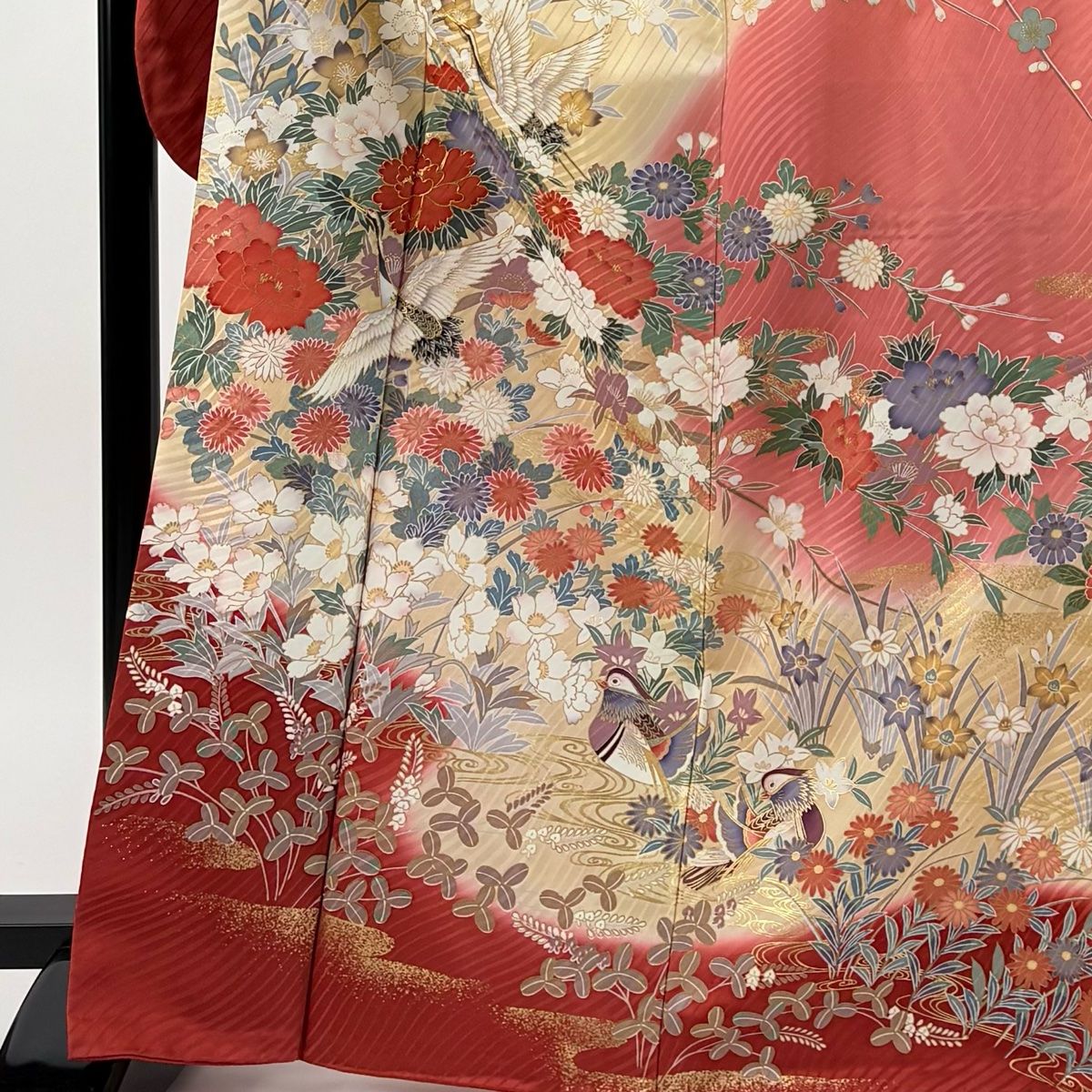 振袖 身丈167.5 cm 裄丈66.5 M 袷 鶴 草花 金糸 金彩 ピンク 正絹 秀品