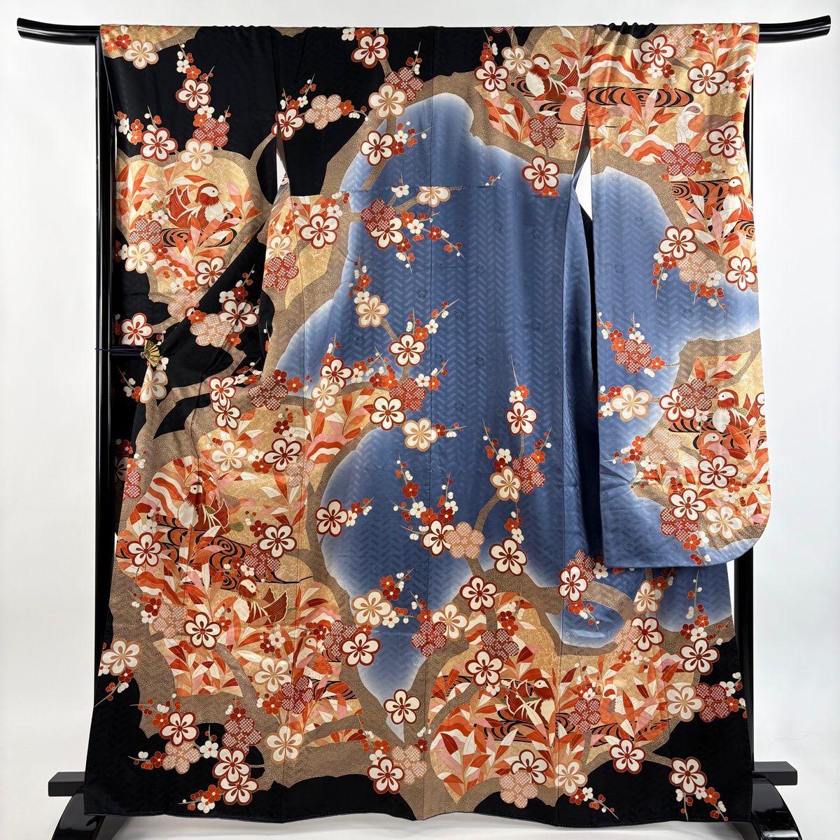 振袖 身丈164.5 cm 裄丈68 L 袷 吾妻徳穂 落款 鴛鴦 梅 金糸 金彩 薄茶色 正絹 秀品