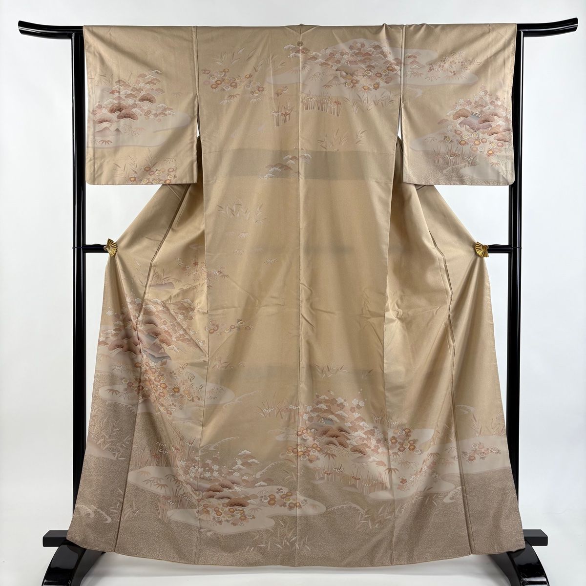 訪問着 身丈164 5 cm 裄丈64 M 袷 紬地 松竹梅 家屋 薄茶色 正絹 秀品 一つ紋