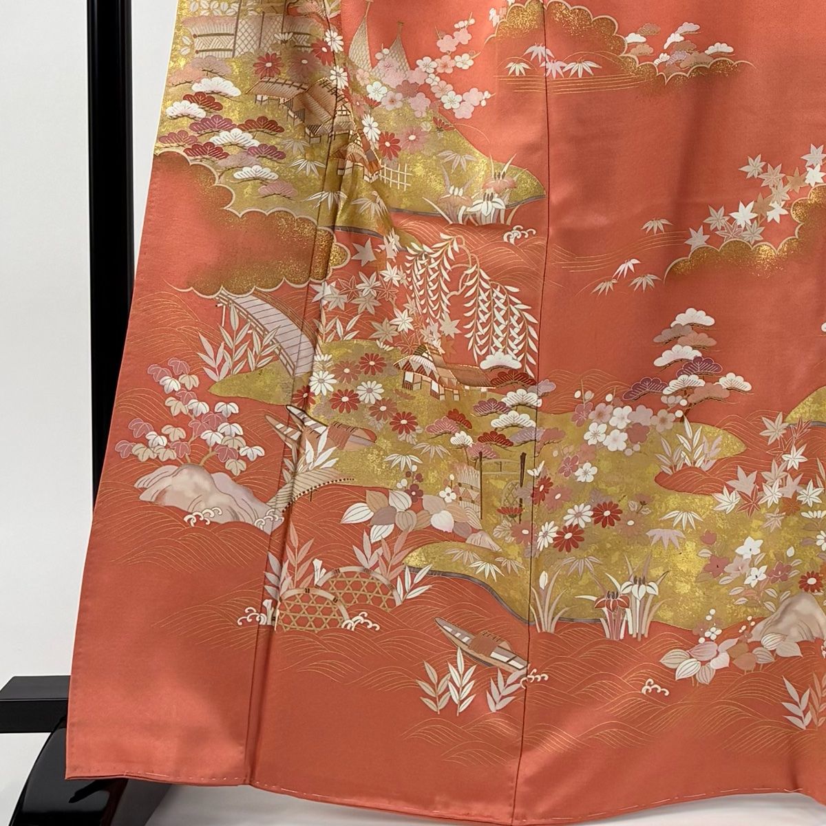 訪問着 身丈166 5 cm 裄丈66 M 袷 松竹梅 橋 金糸 金彩 サーモンピンク 正絹 秀品