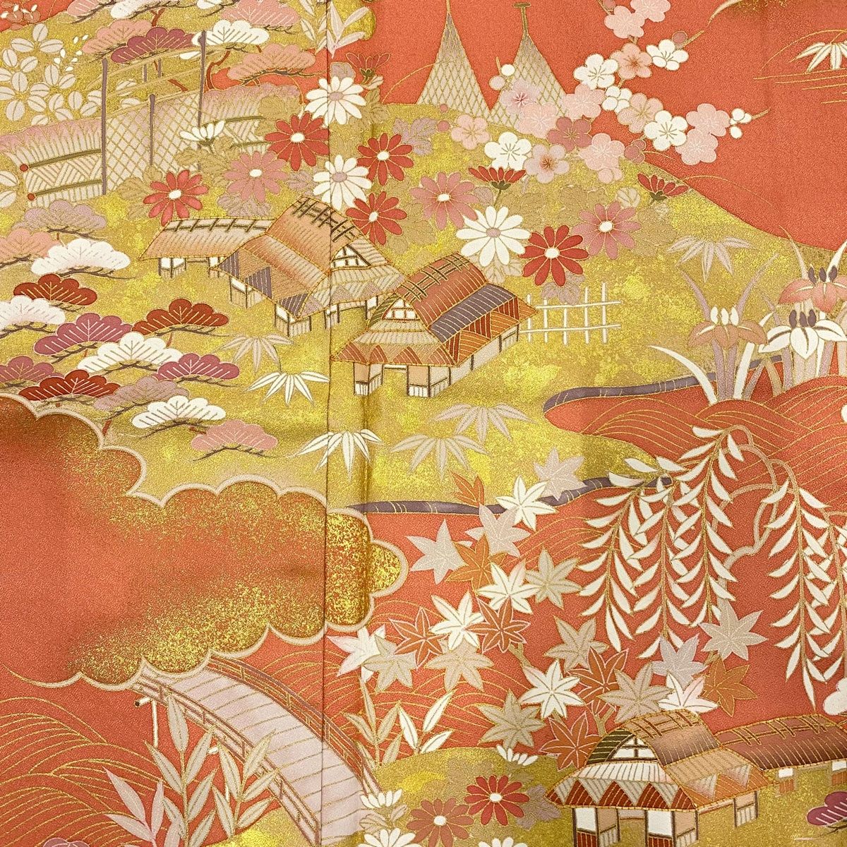  訪問着 身丈166.5 cm 裄丈66.5 M 袷 松竹梅 橋 金糸 金彩 サーモンピンク 正絹 秀品 訪問着 付け下げ 着物