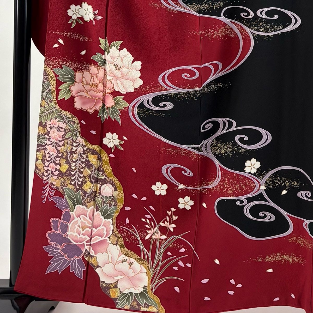 振袖 身丈161 cm 裄丈68 L 袷 牡丹 流水 金糸 金彩 えんじ色 正絹 秀品