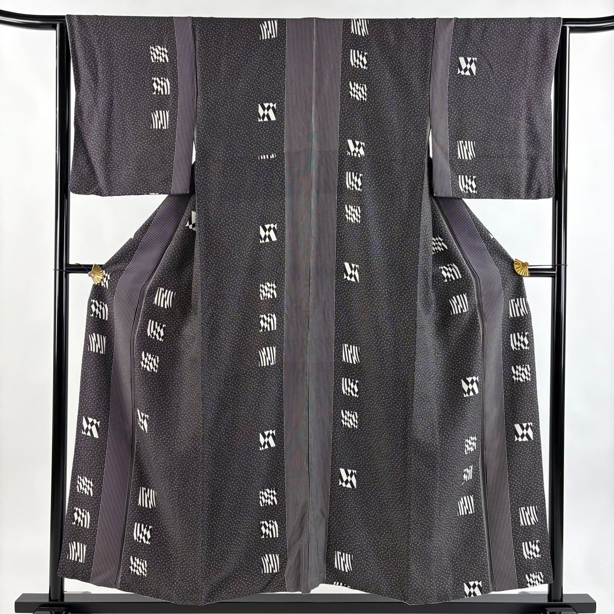 美品】 小紋 身丈154cm 裄丈65cm M 袷 縦縞模様 幾何学模様 墨色 正絹