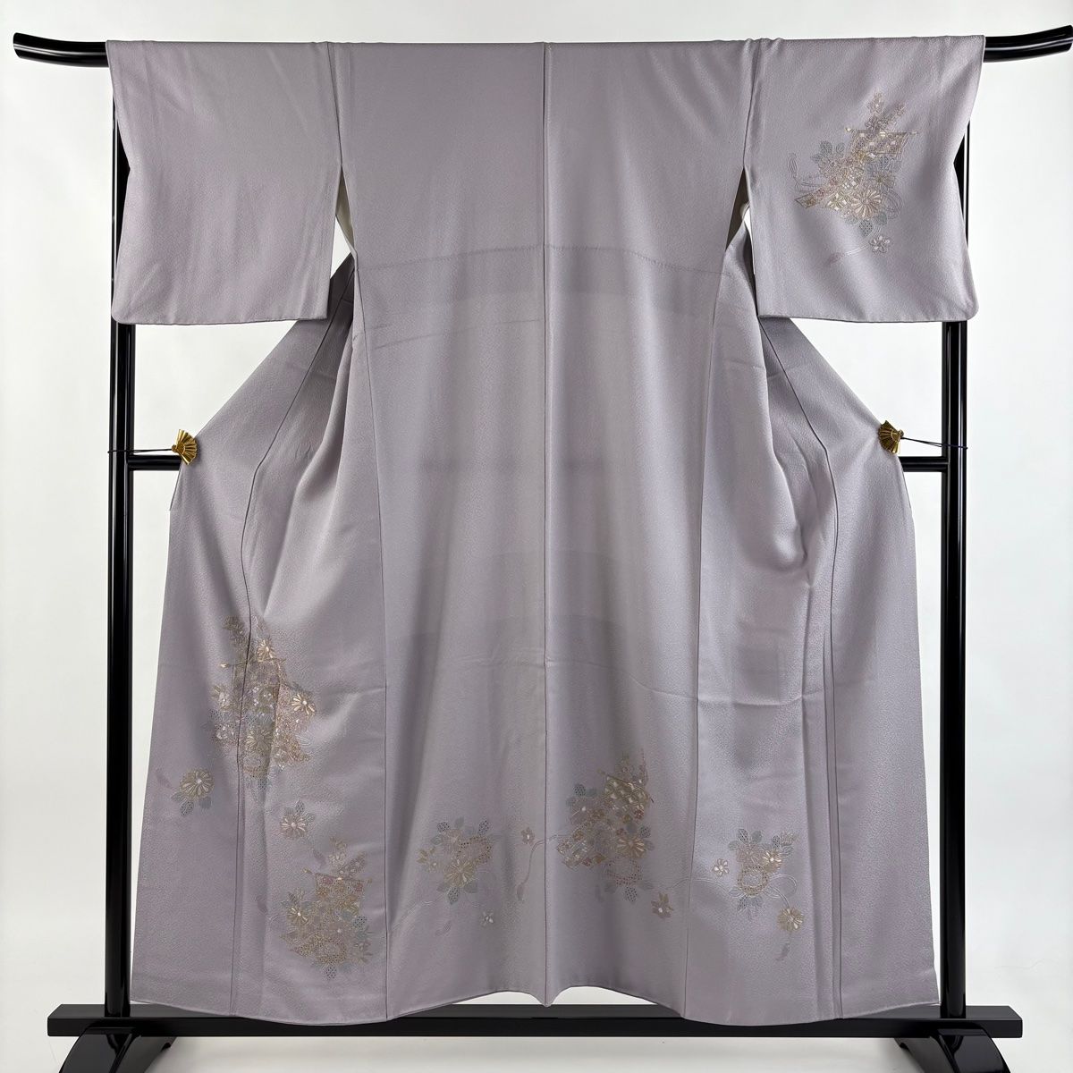 訪問着 身丈155 cm 裄丈69 L 袷 几帳 草花 金糸 刺繍 薄紫 正絹 秀品