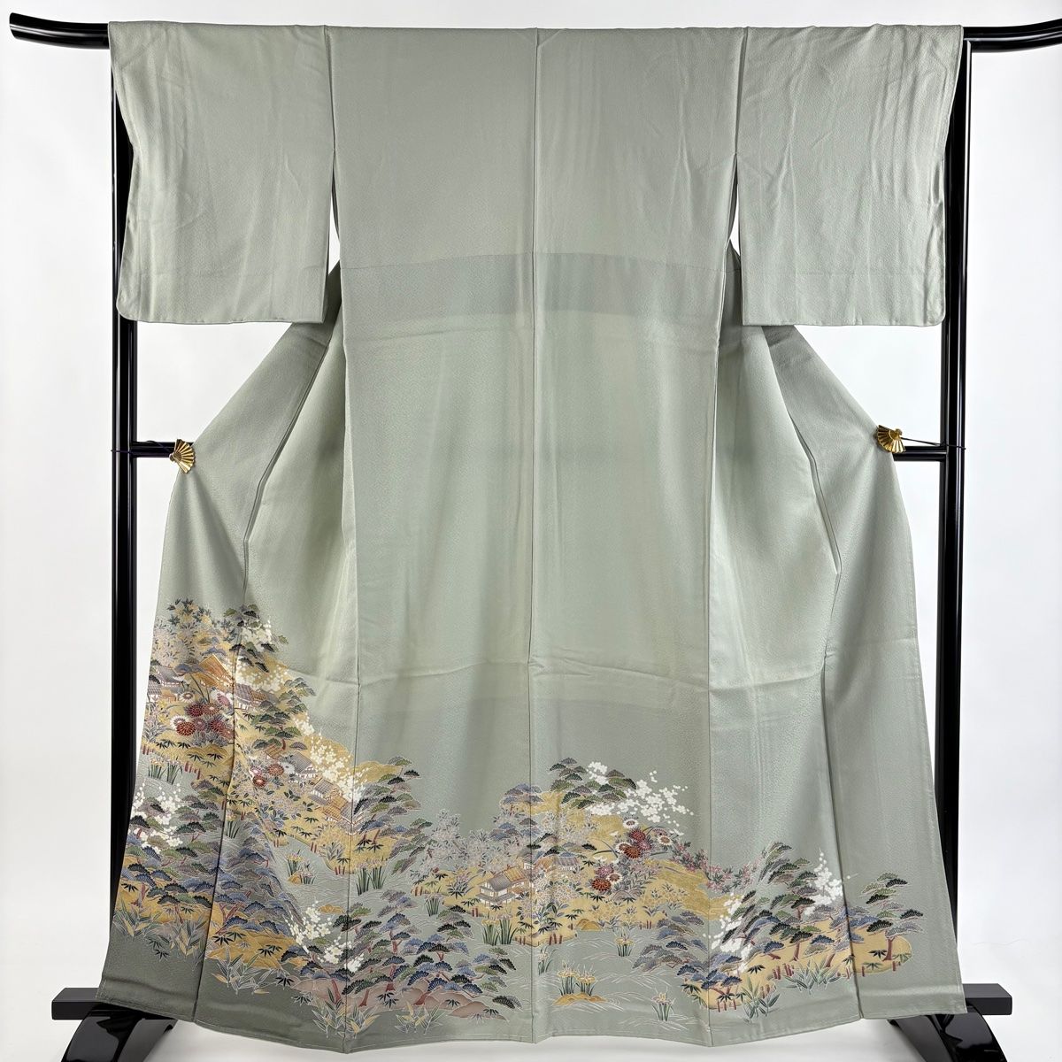 色留袖 身丈162 cm 裄丈66 5 M 袷 家屋 松竹梅 金糸 金彩 灰緑 正絹 秀品