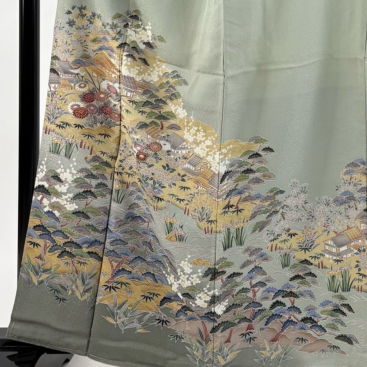 色留袖 身丈162 cm 裄丈66 5 M 袷 家屋 松竹梅 金糸 金彩 灰緑 正絹 秀品