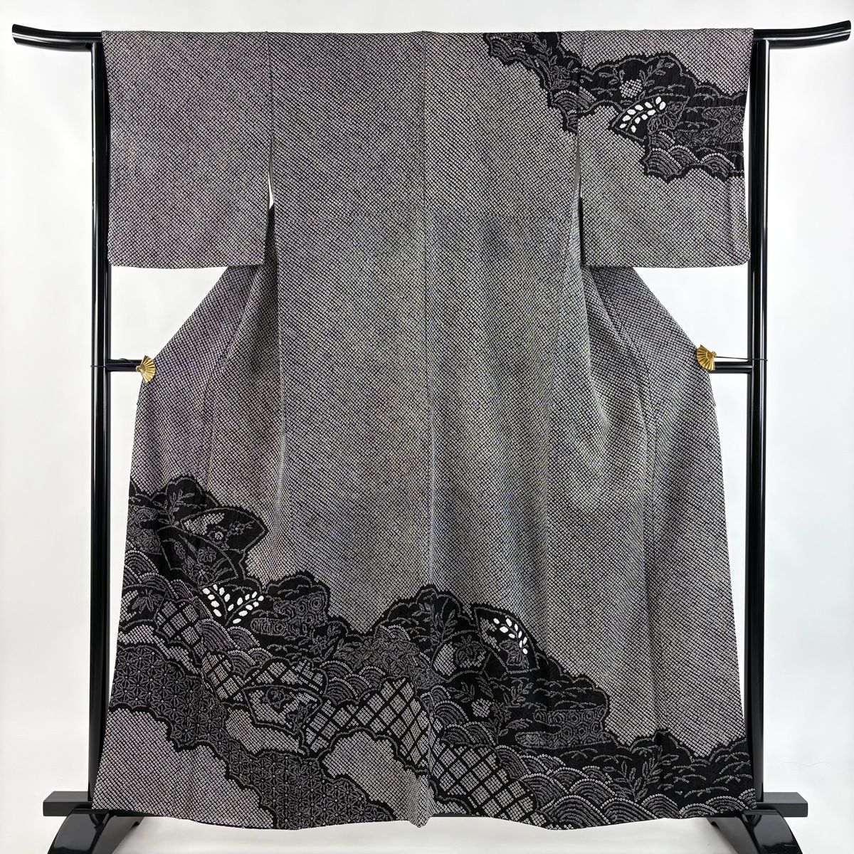 訪問着 身丈158 5 cm 裄丈63 S 袷 扇面 雲文 総絞り 黒灰 正絹 秀品