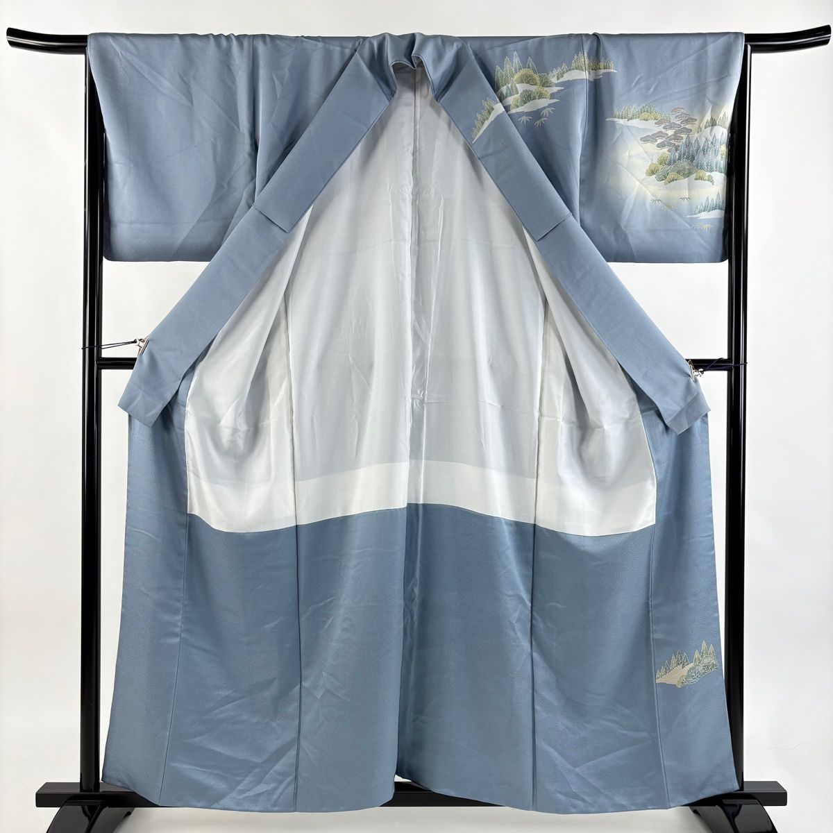  訪問着 身丈159 cm 裄丈66.5 M 袷 建物 樹木 ぼかし 青灰色 正絹 秀品 一つ紋 訪問着 付け下げ 着物