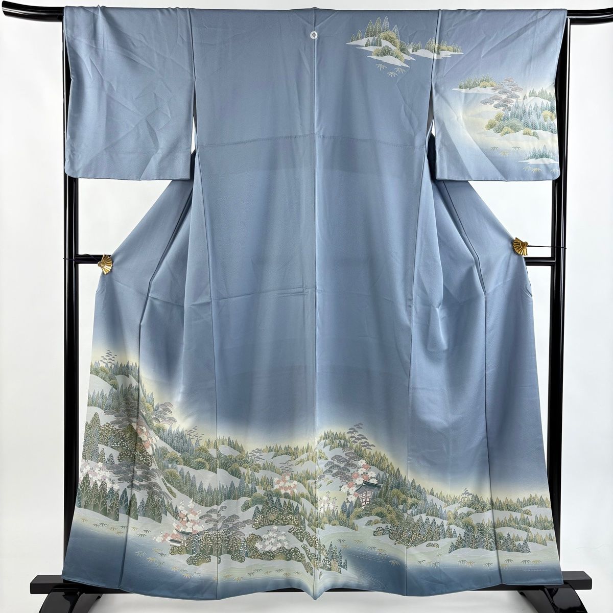 訪問着 身丈159 cm 裄丈66 5 M 袷 建物 樹木 ぼかし 青灰色 正絹 秀品 一つ紋