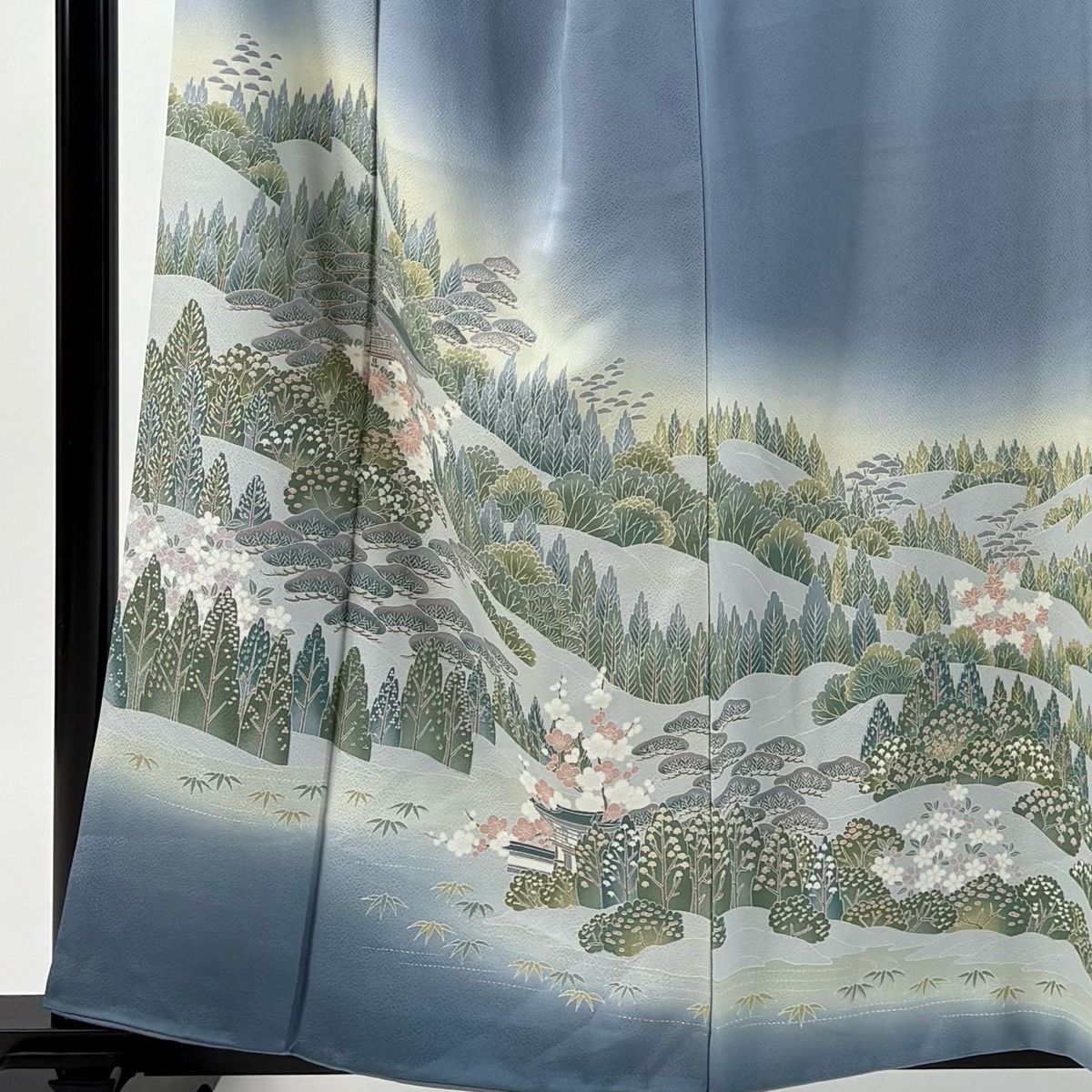 訪問着 身丈159 cm 裄丈66.5 M 袷 建物 樹木 ぼかし 青灰色 正絹 秀品 一つ紋