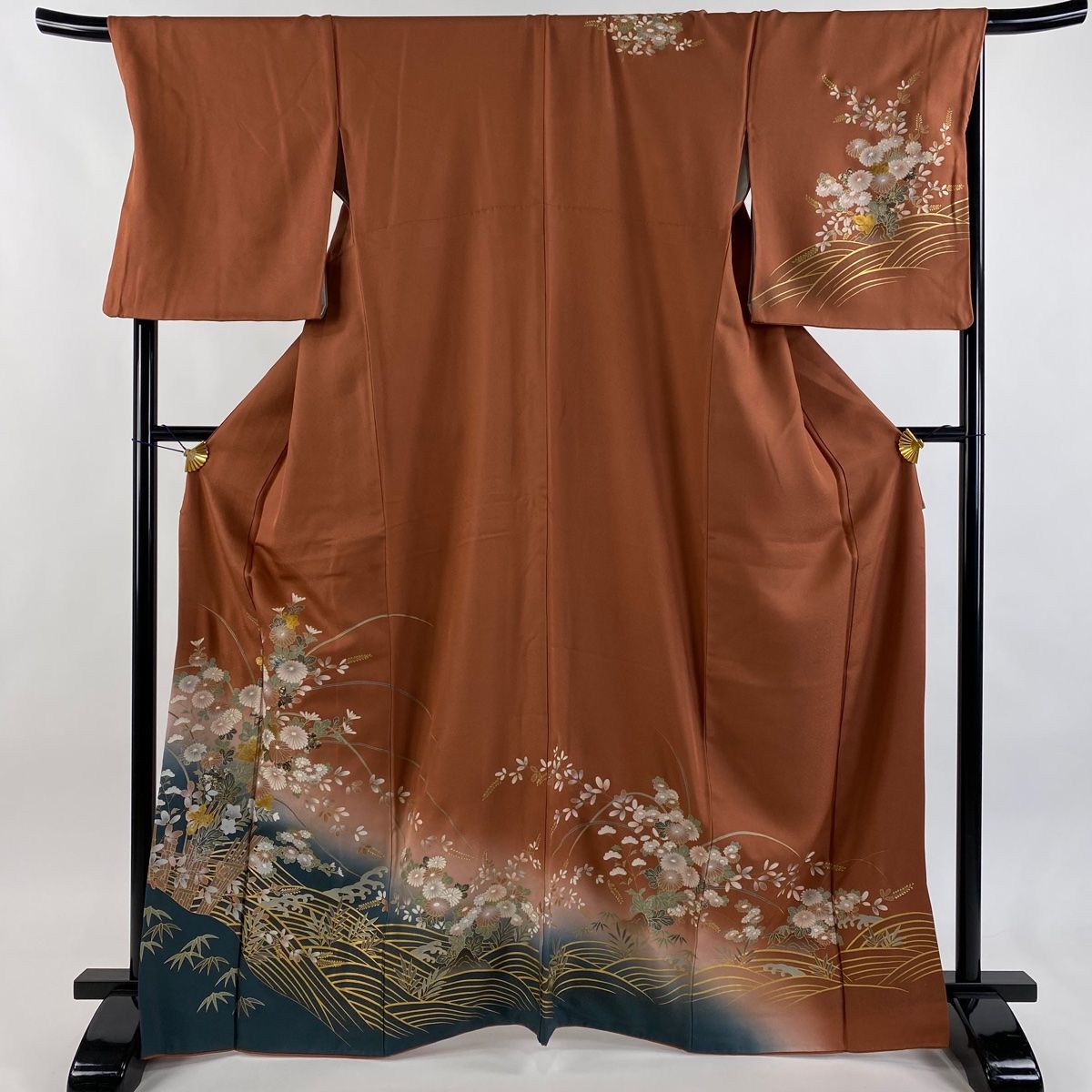訪問着 身丈167 cm 裄丈69 L 袷 菊 波 金銀彩 染め分け 赤茶 正絹 秀品