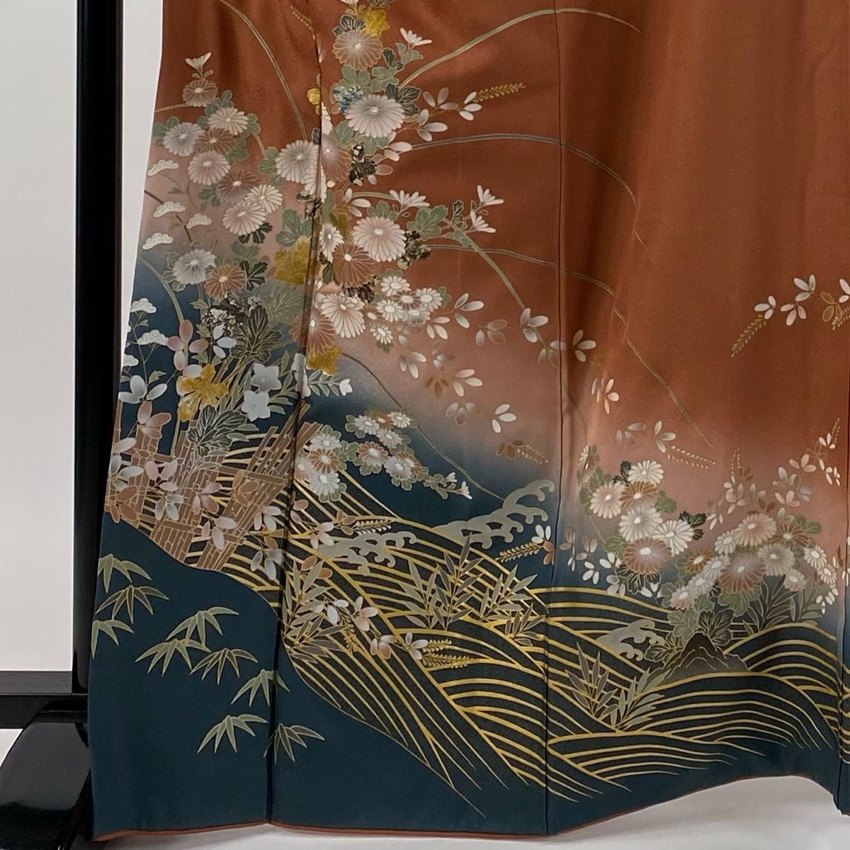 訪問着 身丈167 cm 裄丈69 L 袷 菊 波 金銀彩 染め分け 赤茶 正絹 秀品