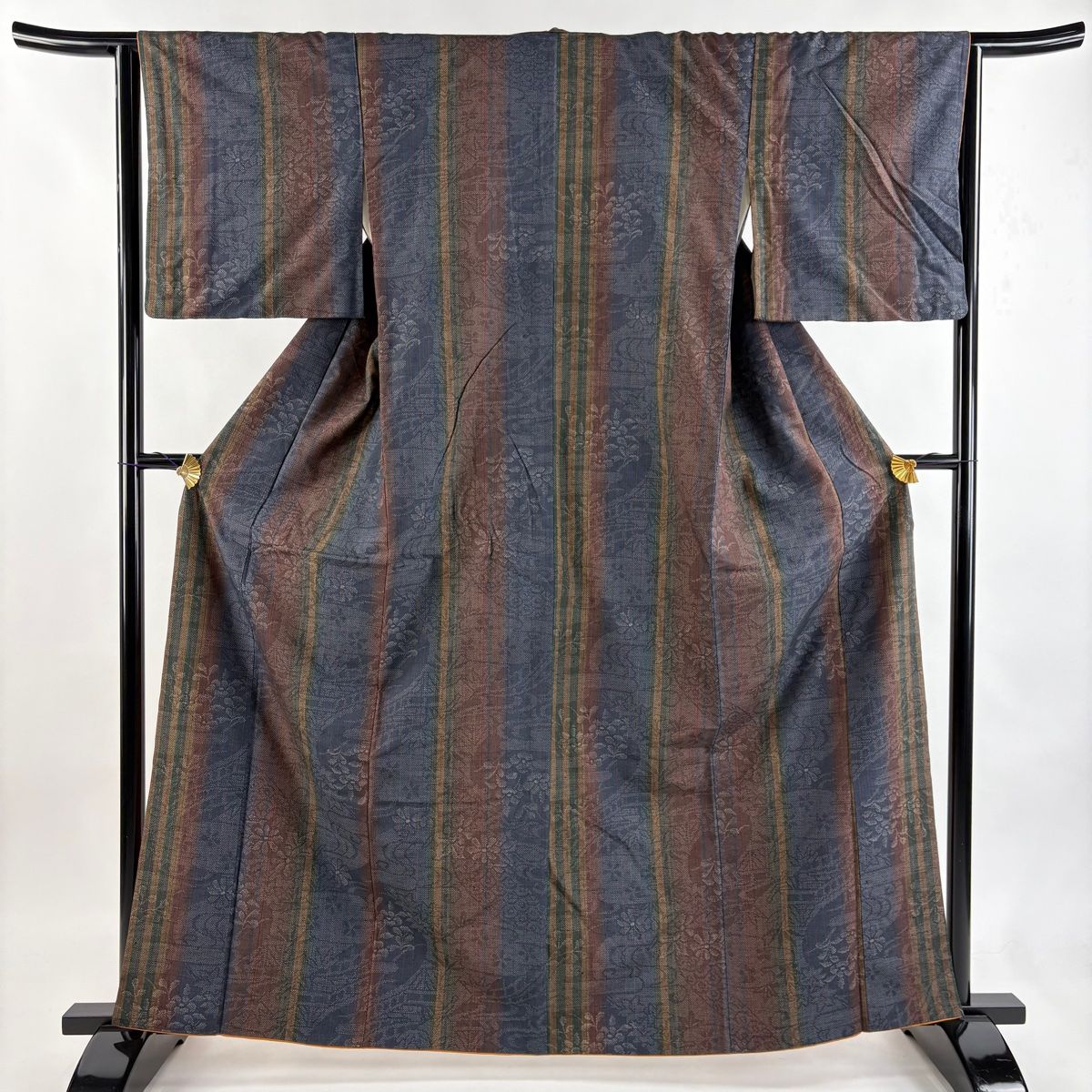 紬 身丈164 cm 裄丈64 M 袷 草花 流水 青紫 正絹 秀品