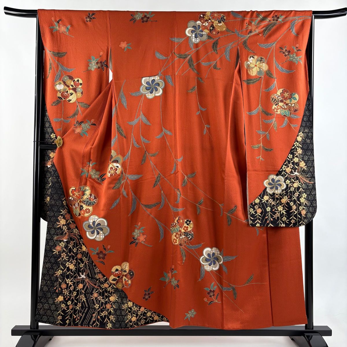 振袖 身丈155 cm 裄丈65 M 袷 ねじ梅 枝垂れ桜 金糸 金彩 朱色 正絹 秀品