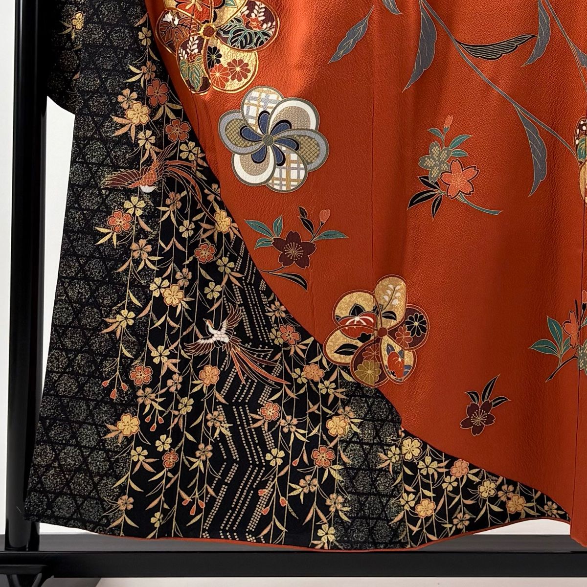 振袖 身丈155 cm 裄丈65 M 袷 ねじ梅 枝垂れ桜 金糸 金彩 朱色 正絹 秀品
