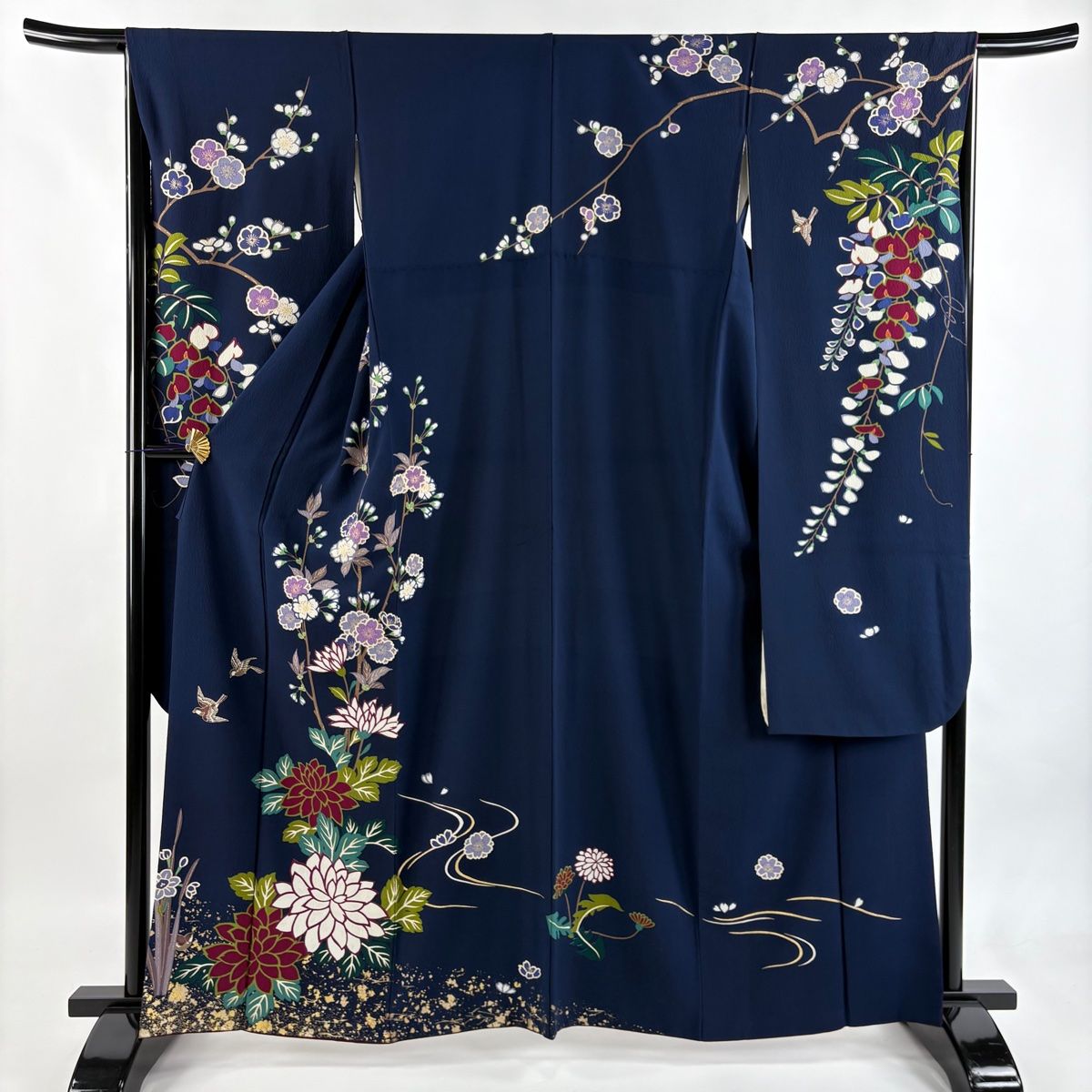 振袖 身丈161 5 cm 裄丈65 M 袷 枝花 鳥 金彩 縮緬 紺色 正絹 秀品