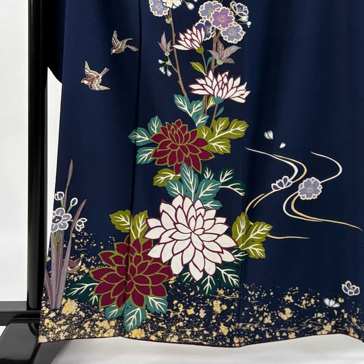 振袖 身丈161 5 cm 裄丈65 M 袷 枝花 鳥 金彩 縮緬 紺色 正絹 秀品