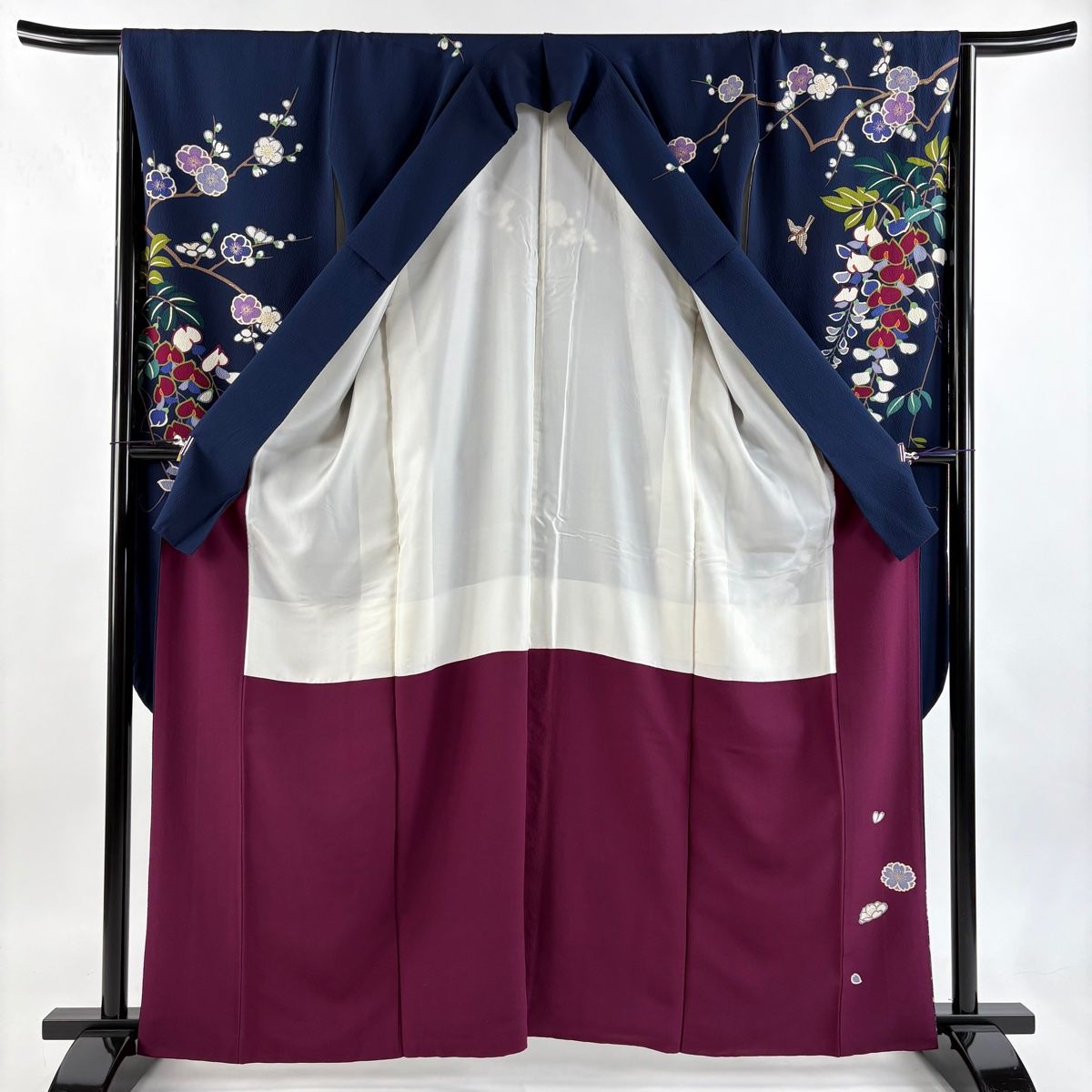  振袖 身丈161 5 cm 裄丈65 M 袷 枝花 鳥 金彩 縮緬 紺色 正絹 秀品 振袖 着物