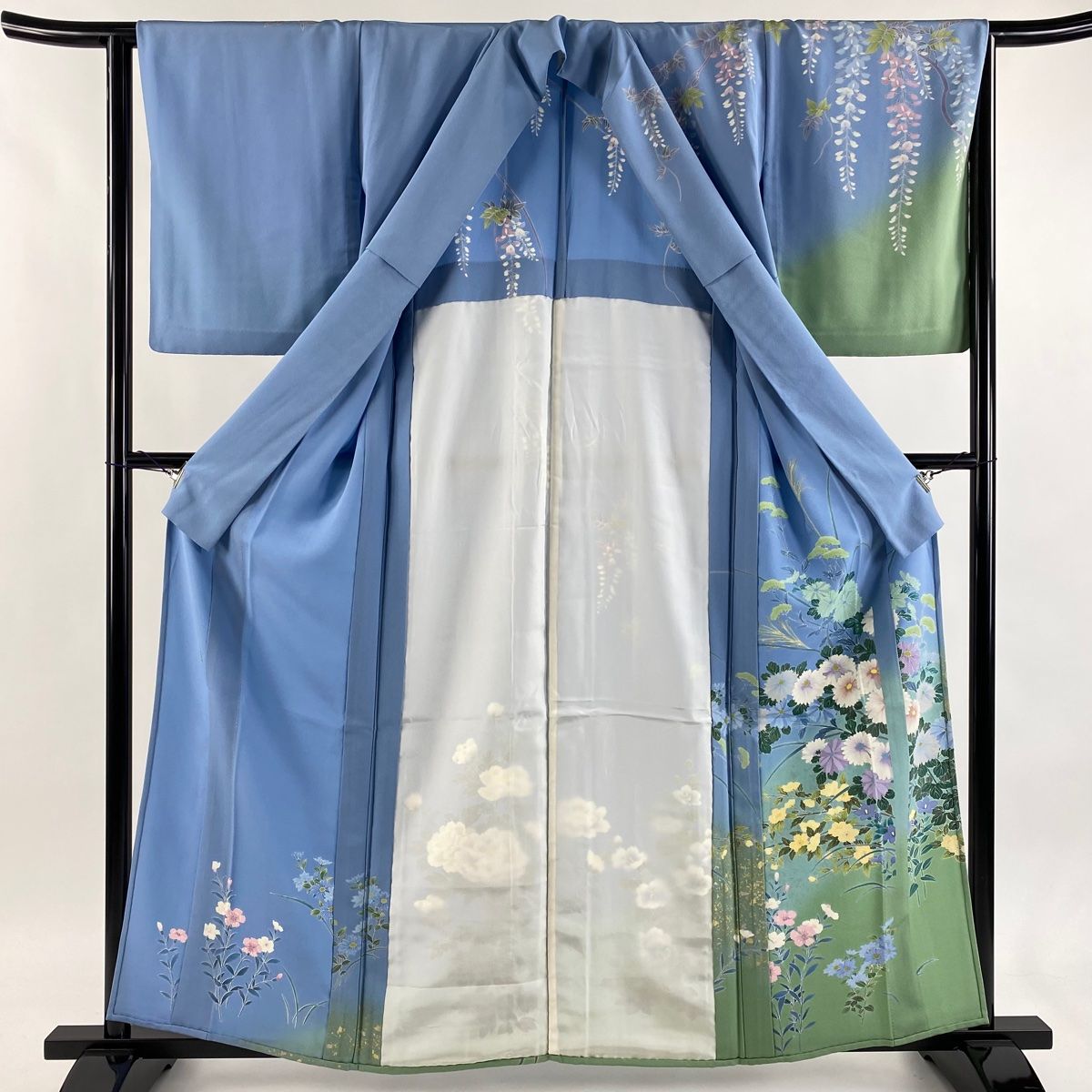  訪問着 身丈160 5 cm 裄丈63 S 単衣 落款 菊 草花 金彩 ぼかし 水色 正絹 秀品 訪問着 付け下げ 着物