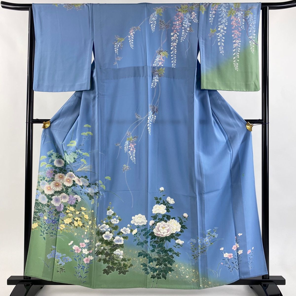訪問着 身丈160.5cm 裄丈63cm S 単衣 落款 菊 草花 金彩 ぼかし 水色