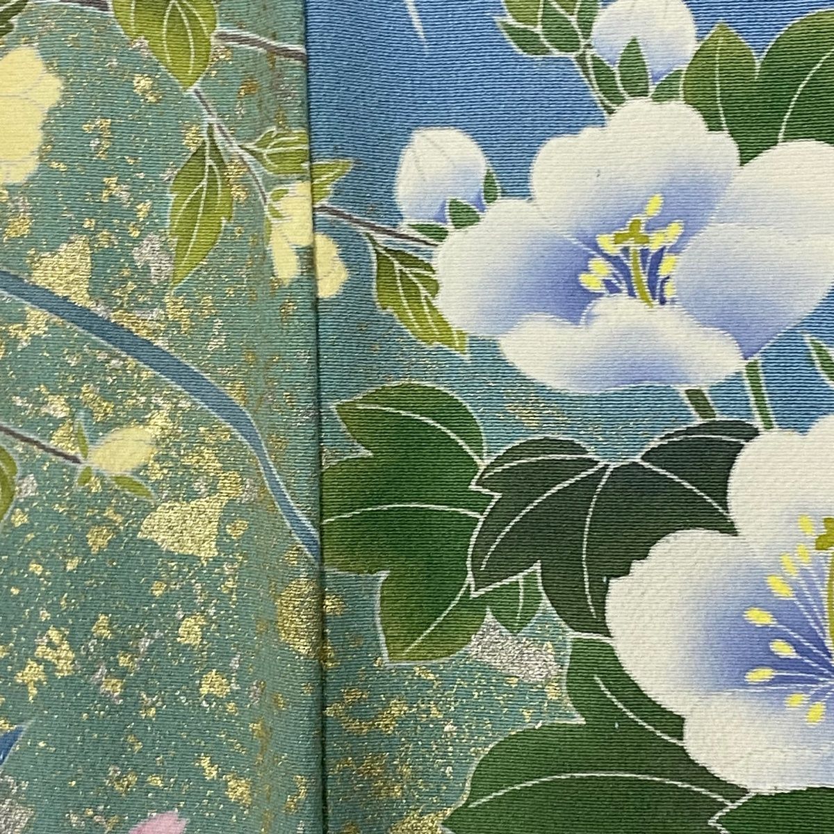 訪問着 身丈160.5cm 裄丈63cm S 単衣 落款 菊 草花 金彩 ぼかし 水色