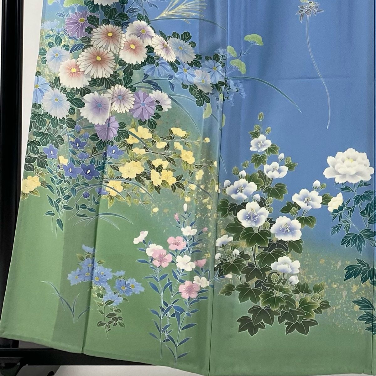 訪問着 身丈160 5 cm 裄丈63 S 単衣 落款 菊 草花 金彩 ぼかし 水色 正絹 秀品