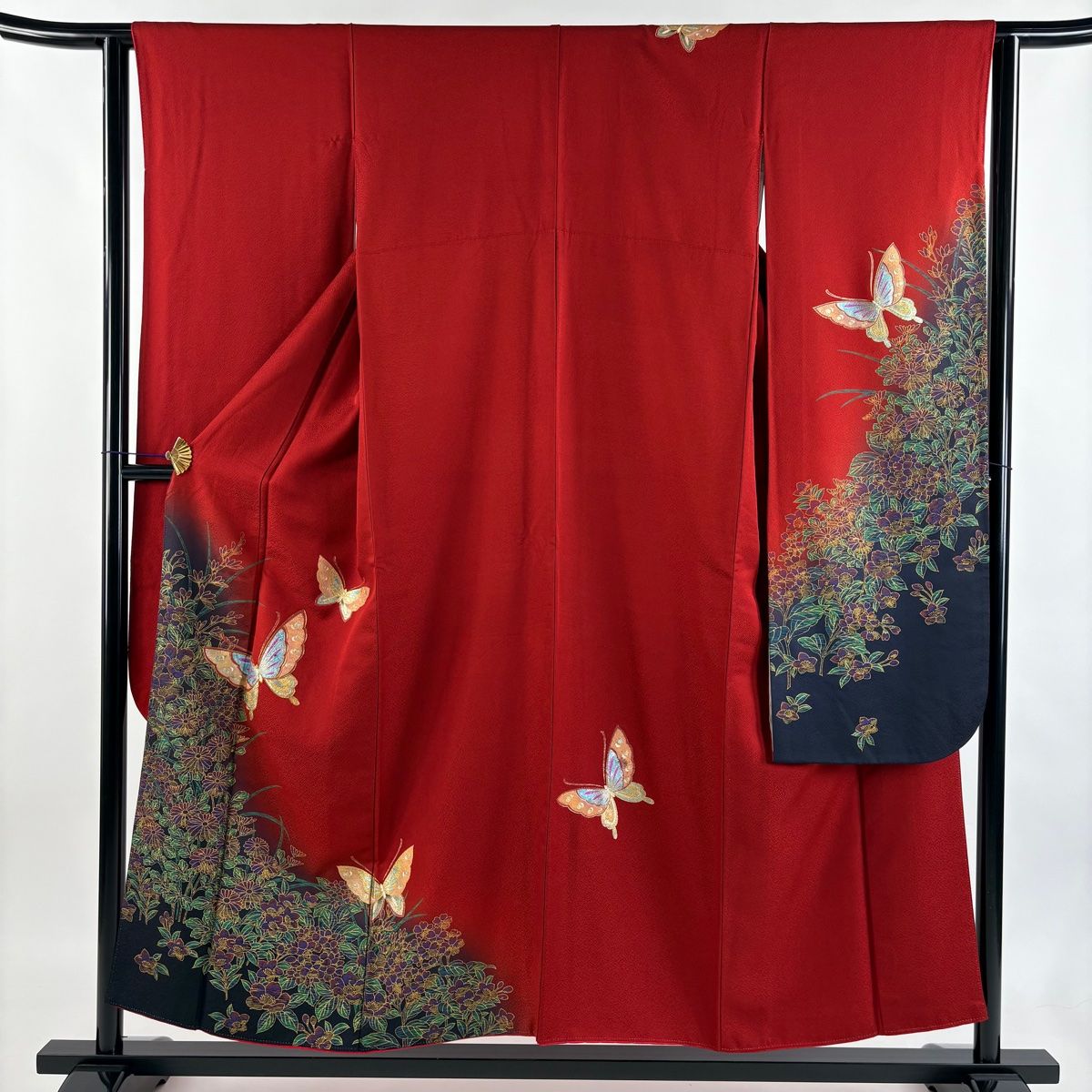 振袖 身丈153 cm 裄丈63 S 袷 蝶 草花 金糸 金彩 赤 正絹 秀品