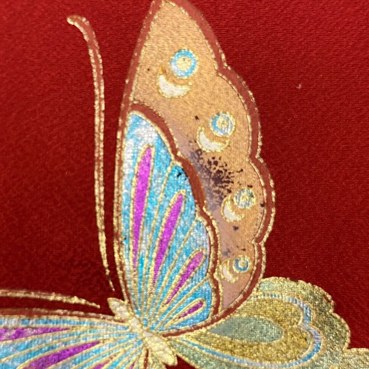  振袖 身丈153 cm 裄丈63 S 袷 蝶 草花 金糸 金彩 赤 正絹 秀品 振袖 着物