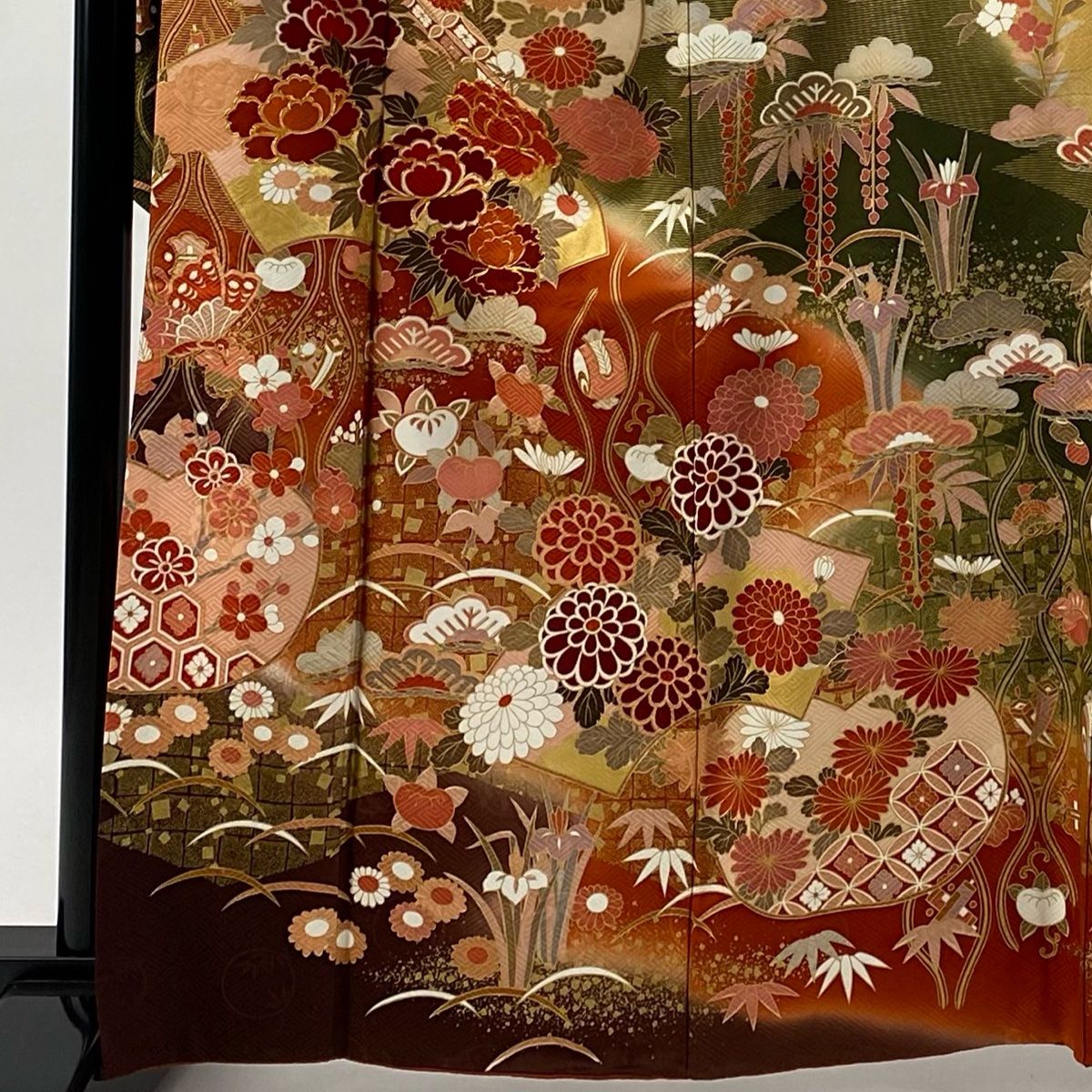 振袖 身丈164 cm 裄丈68 L 袷 松竹梅 牡丹 金糸 金彩 朱色 正絹 秀品