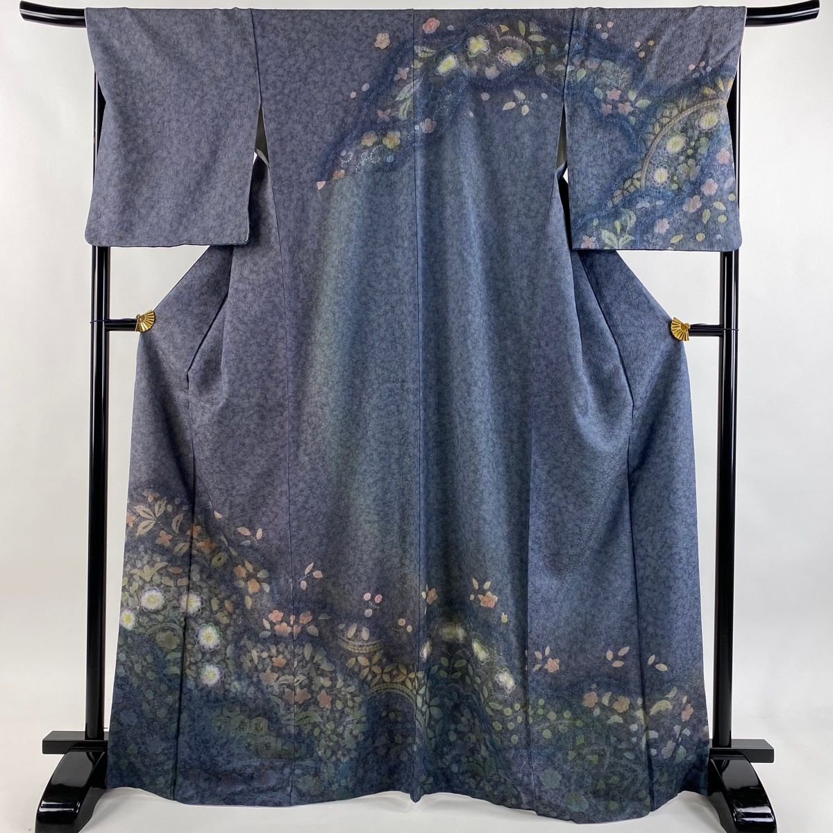 訪問着 身丈167 cm 裄丈69 L 袷 草花 亀甲 金通し ぼかし 青灰色 正絹 秀品