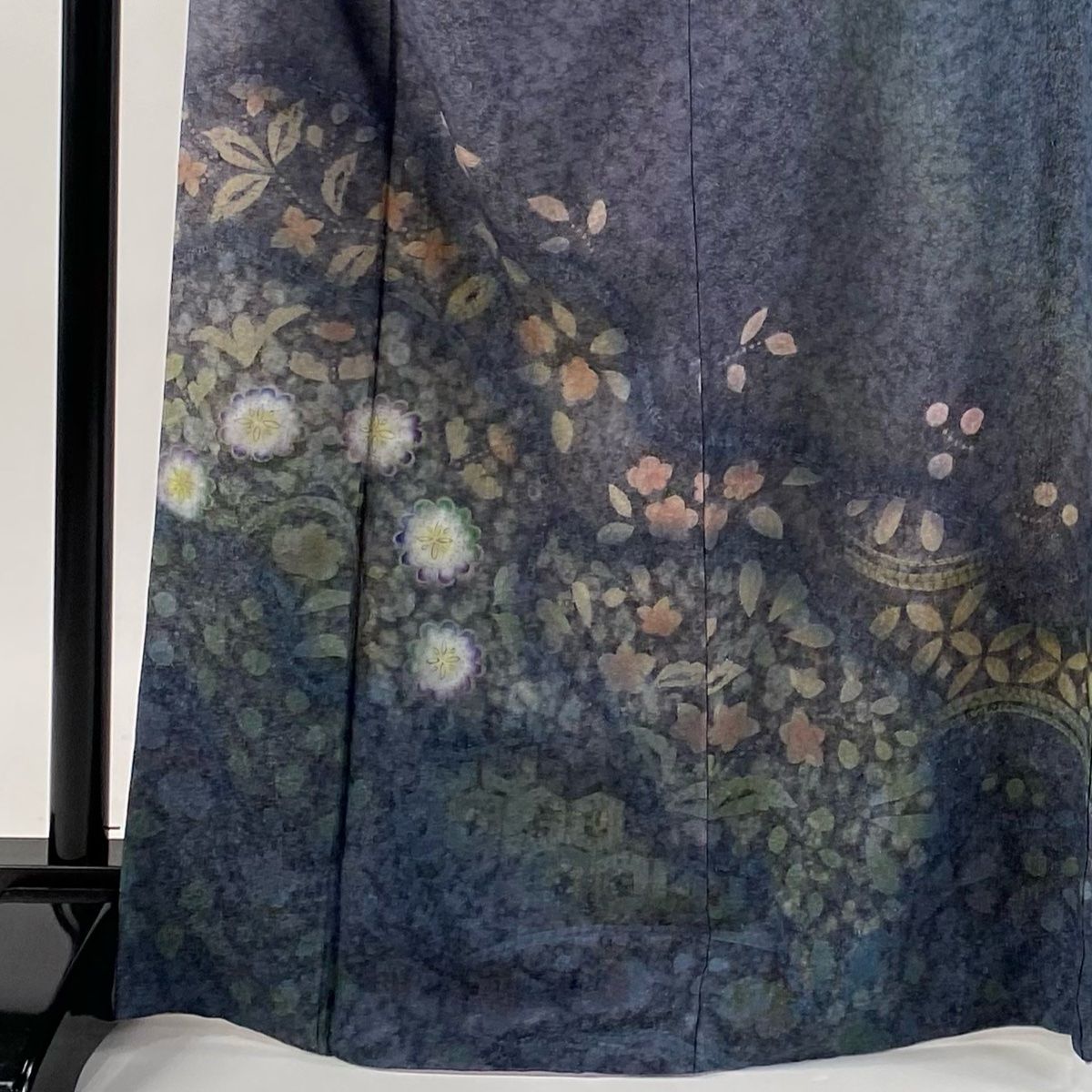 訪問着 身丈167 cm 裄丈69 L 袷 草花 亀甲 金通し ぼかし 青灰色 正絹 秀品