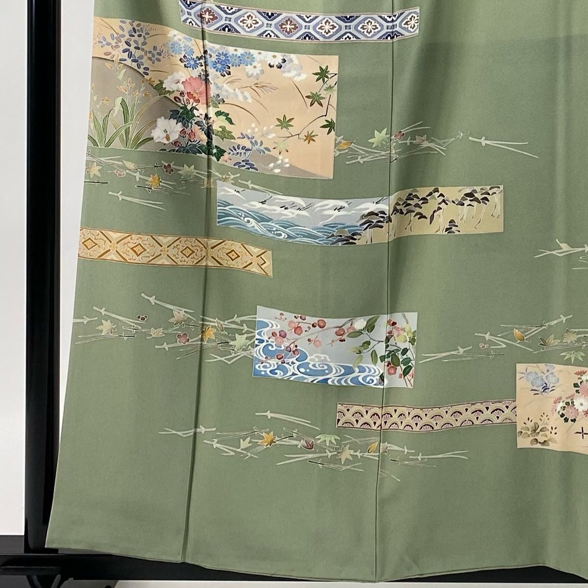 訪問着 身丈159 cm 裄丈63 S 袷 落款 松竹梅 草花 薄緑 正絹 秀品