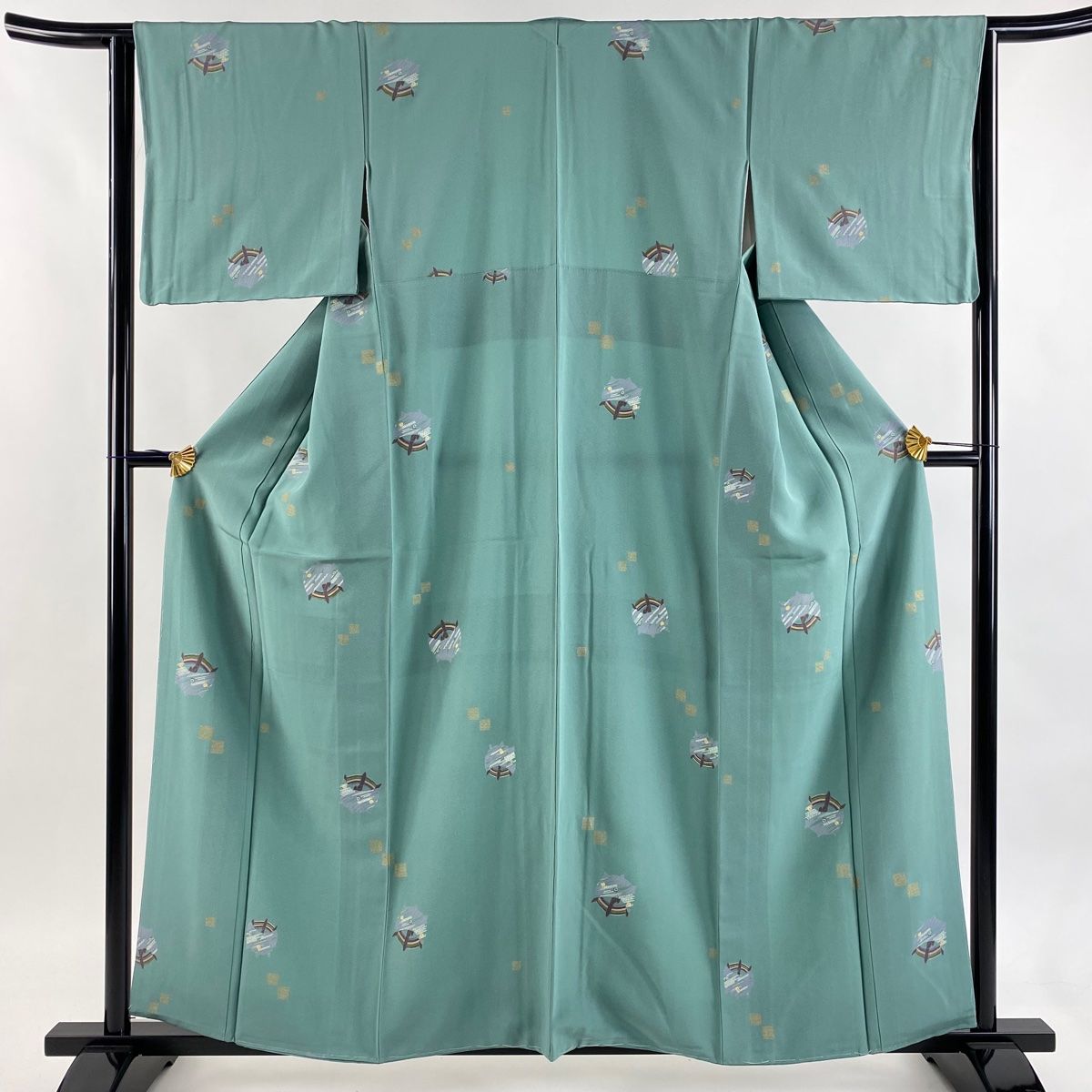 小紋 身丈158 cm 裄丈63.5 S 袷 糸巻き 花 金彩 薄緑 正絹 秀品