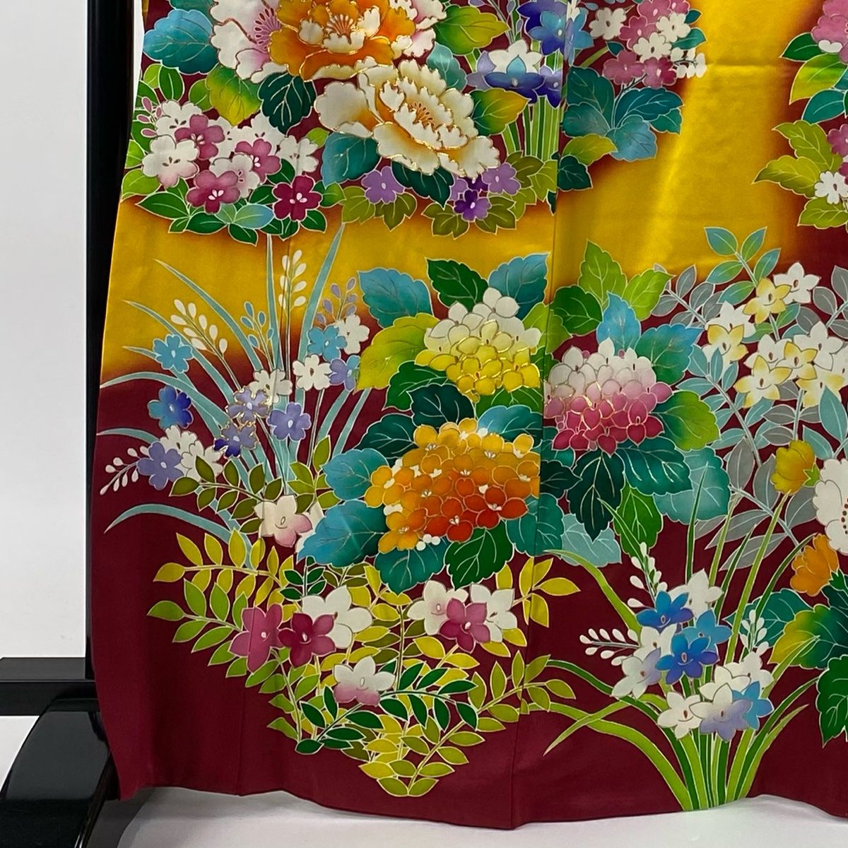 振袖 身丈168 cm 裄丈65 M 袷 牡丹 紫陽花 金糸 金彩 黄色 正絹 秀品