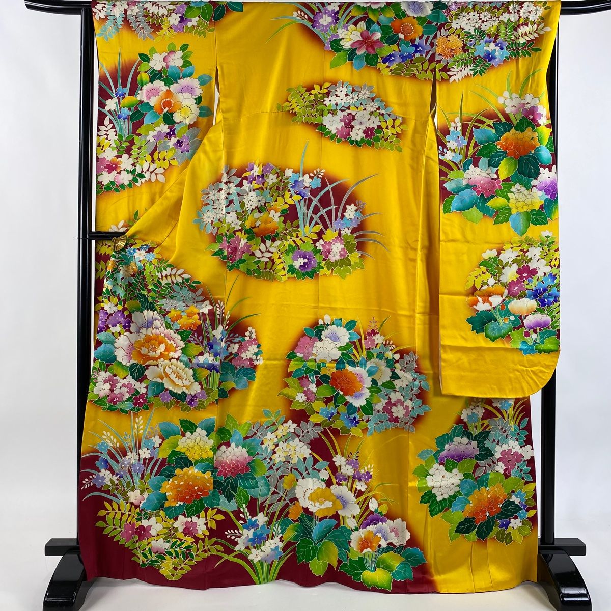 振袖 身丈168 cm 裄丈65 M 袷 牡丹 紫陽花 金糸 金彩 黄色 正絹 秀品