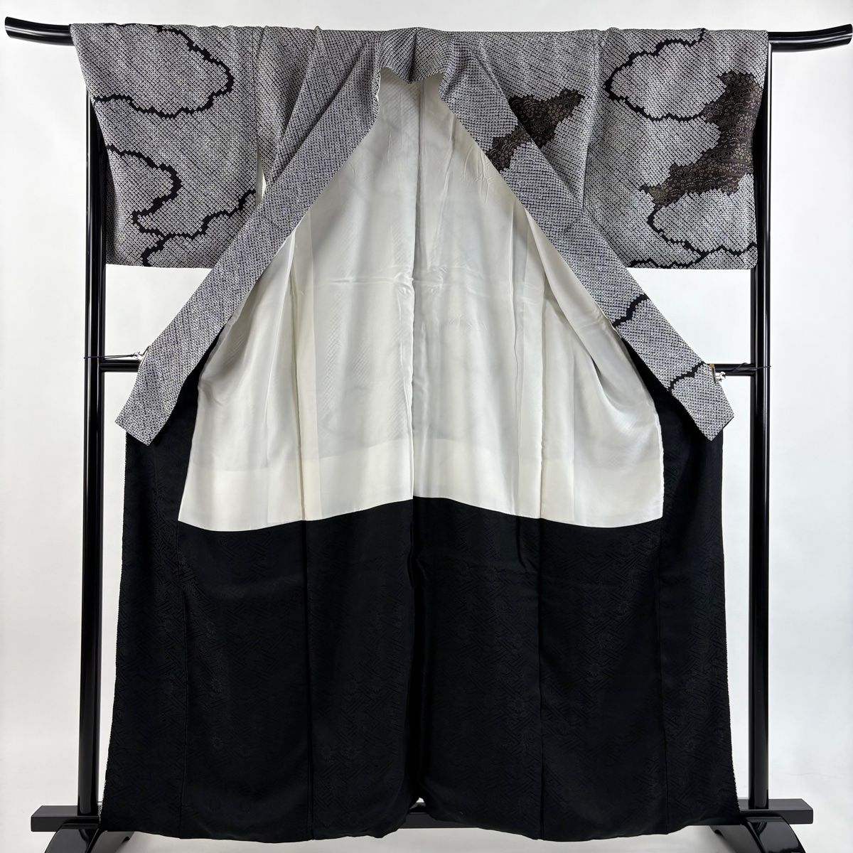  訪問着 身丈157 cm 裄丈69 L 袷 菊 萩 絞り 刺繍 黒 正絹 秀品 訪問着 付け下げ 着物