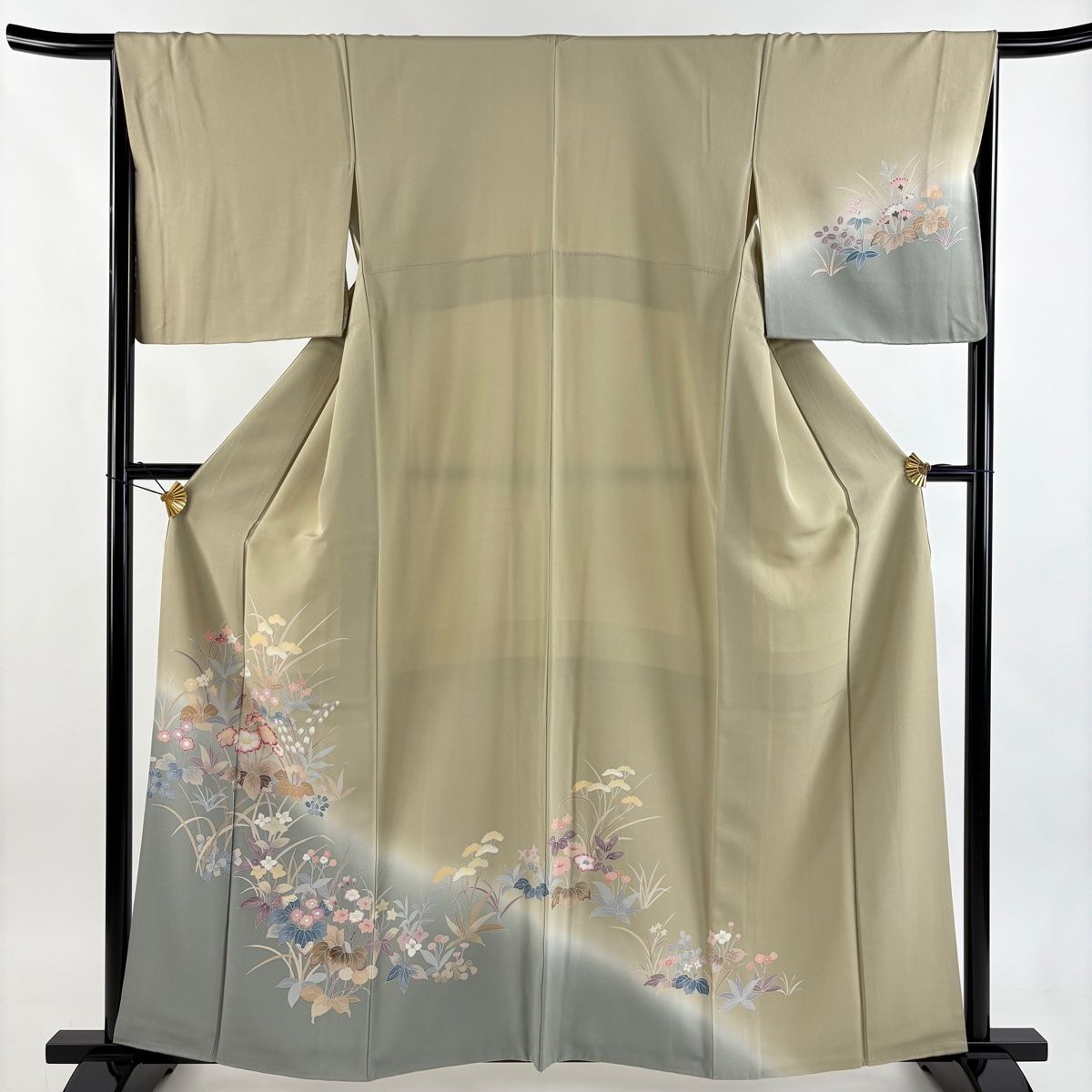 訪問着 身丈159 5 cm 裄丈65 M 袷 草花 ぼかし ベージュ 正絹 秀品